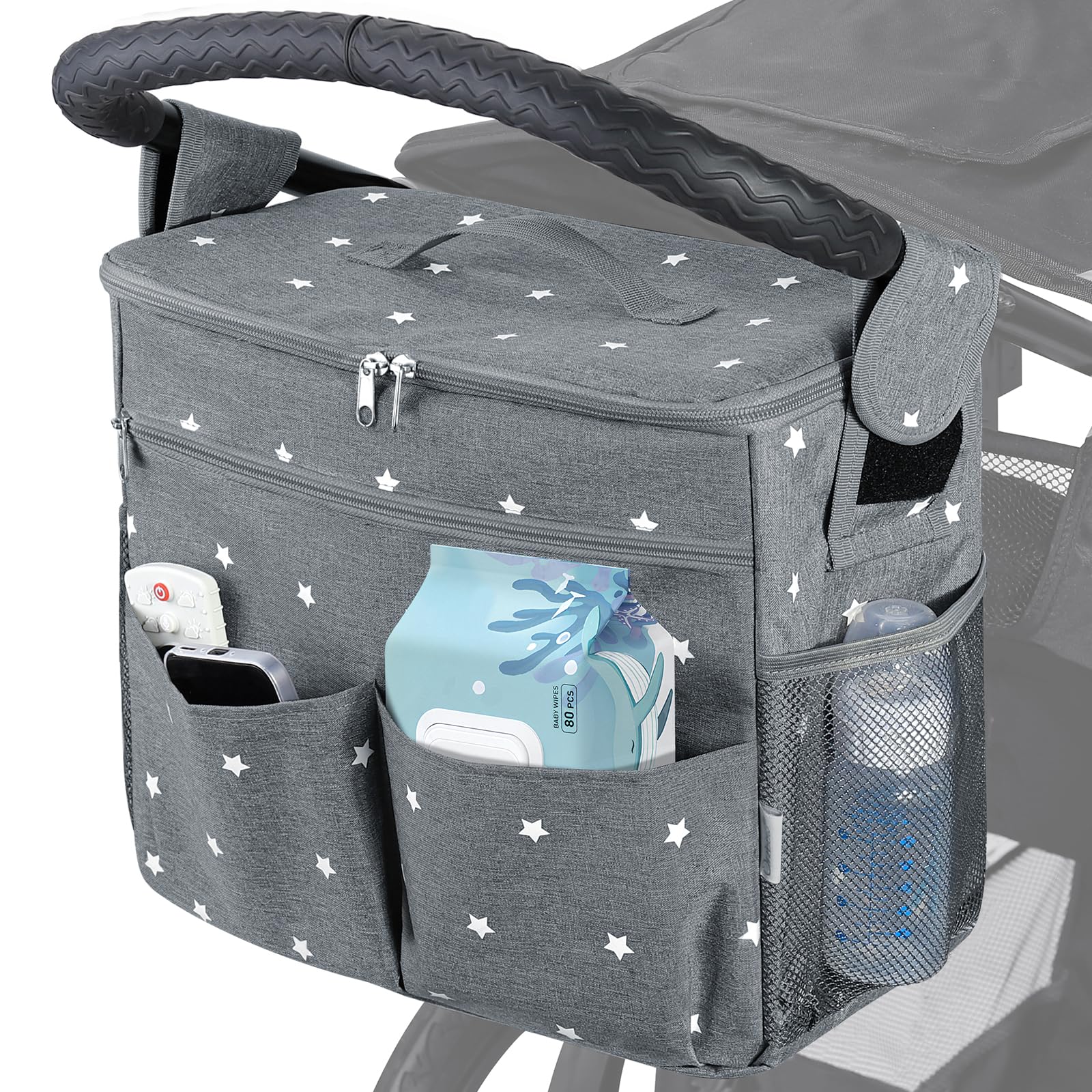 Orzbow Grande Bolso Carro Bebe,Impermeable Bolso Carrito Bebe con Portavasos,Multifuncional Organizador Carro Bebe con Divisor Extraíble,Forro Aislante y 22L Capacidad,2 Ganchos y 1 Bandolera (Gris)
