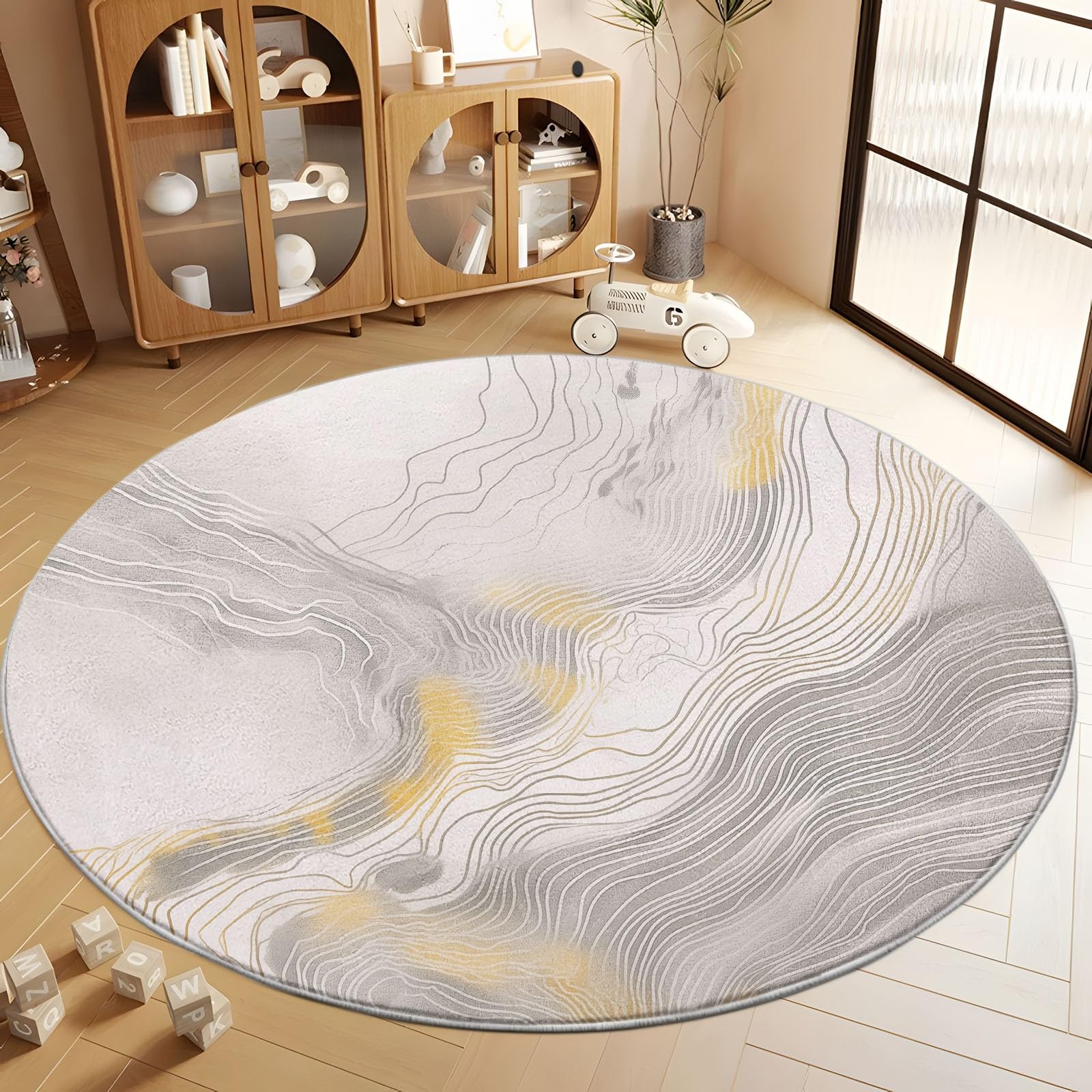 Tapis Ronds Lavables 120 cm, Marbre Texturé Doré Tapis Rond Antidérapant pour Salon, Surréalisme Rugs Rond à Poils Courts Doux pour sous Table à Manger
