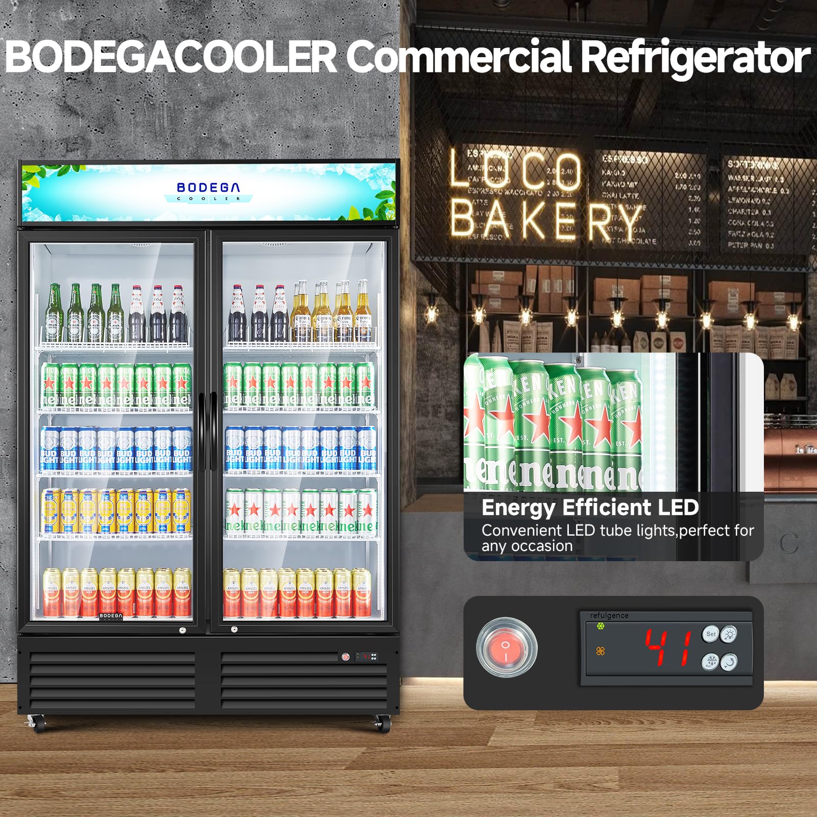 COOLER - Refrigerador comercial comercial, refrigerador comercial de bebidas de 2 puertas de vidrio, enfriador de exhibición de bebidas de 40 pies cúbicos con luz LED suave, estantes ajustables 6