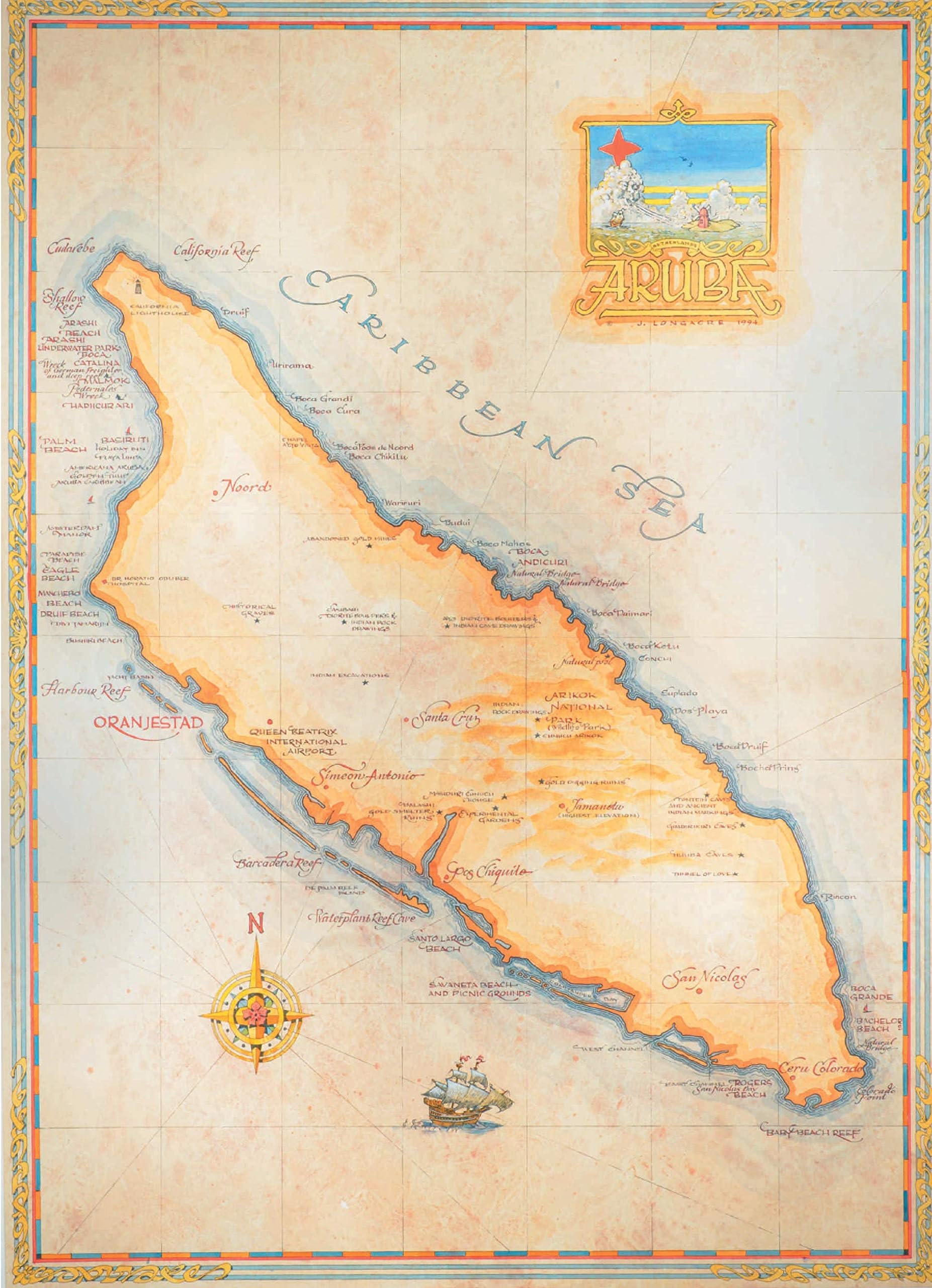 One Treasure Limited Antique Vintage Old World Caribbean Aruba Map ABC Islands