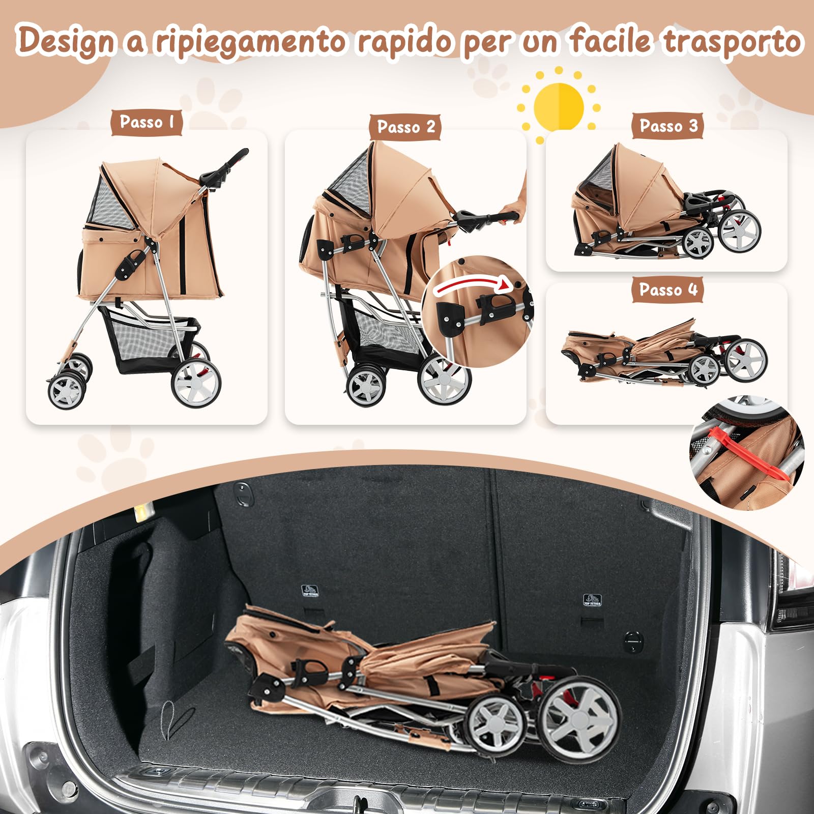 GYMAX Passeggino per Cani Piccoli Pieghevole, Fino a 15 kg, Ruote 360° con Freni, Cuscino, Porta Doppio, Finestre, Cestino, Portabicchieri, Carrozzina Portatile (Beige)