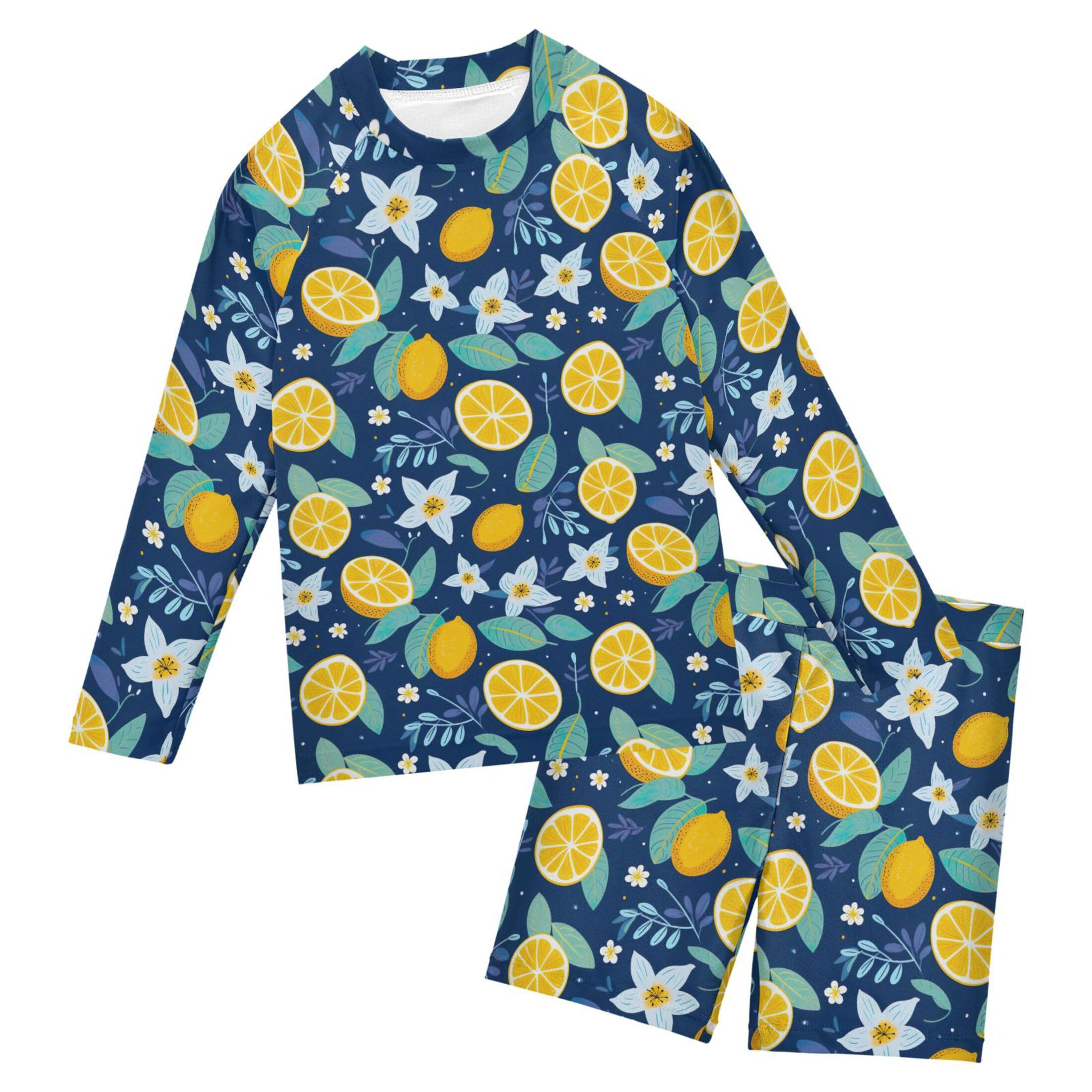 Lemon Fruit Summer Boys Rash Guard Swimsuits Set for Boys Long Sleeve Swim Shirts Bathing Suits B0402681