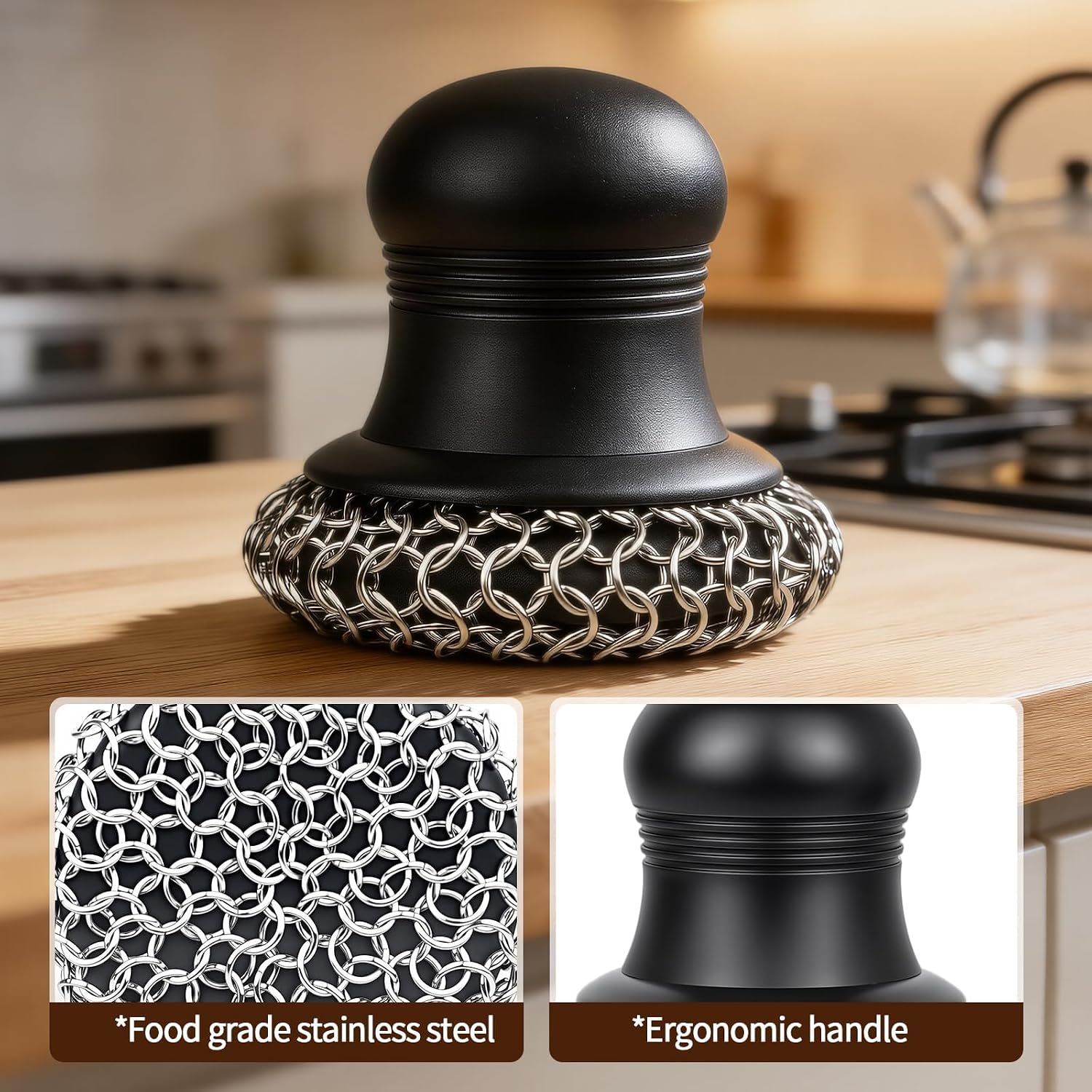 316 Upgraded Cast Iron Scrubber with Pan Scraper,Cast Iron Cleaner for Grill Pan Skillet Wok Carbon Steel,Ergonomic to Hold Easy to Use Dishwasher Safe ((Small&Large Chainmail,2pcs))