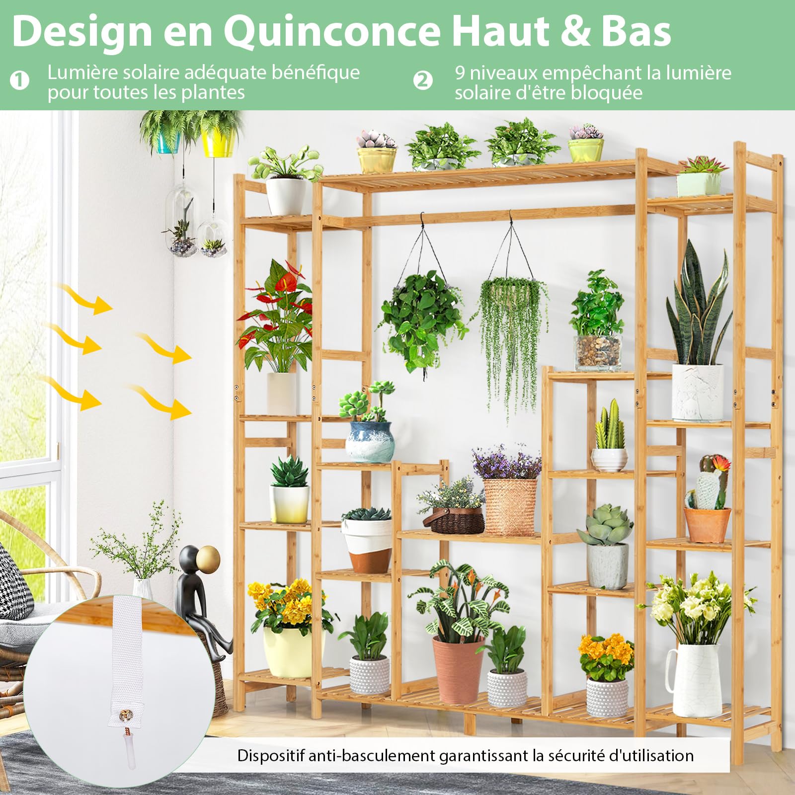 COSTWAY Support pour Plantes en Bambou à 9 Niveaux, Porte-Plante Dispositif Anti-basculement Charge de Chaque Étagère 10KG, Convient au Salon Balcon, 167 x 30 x 166 cm