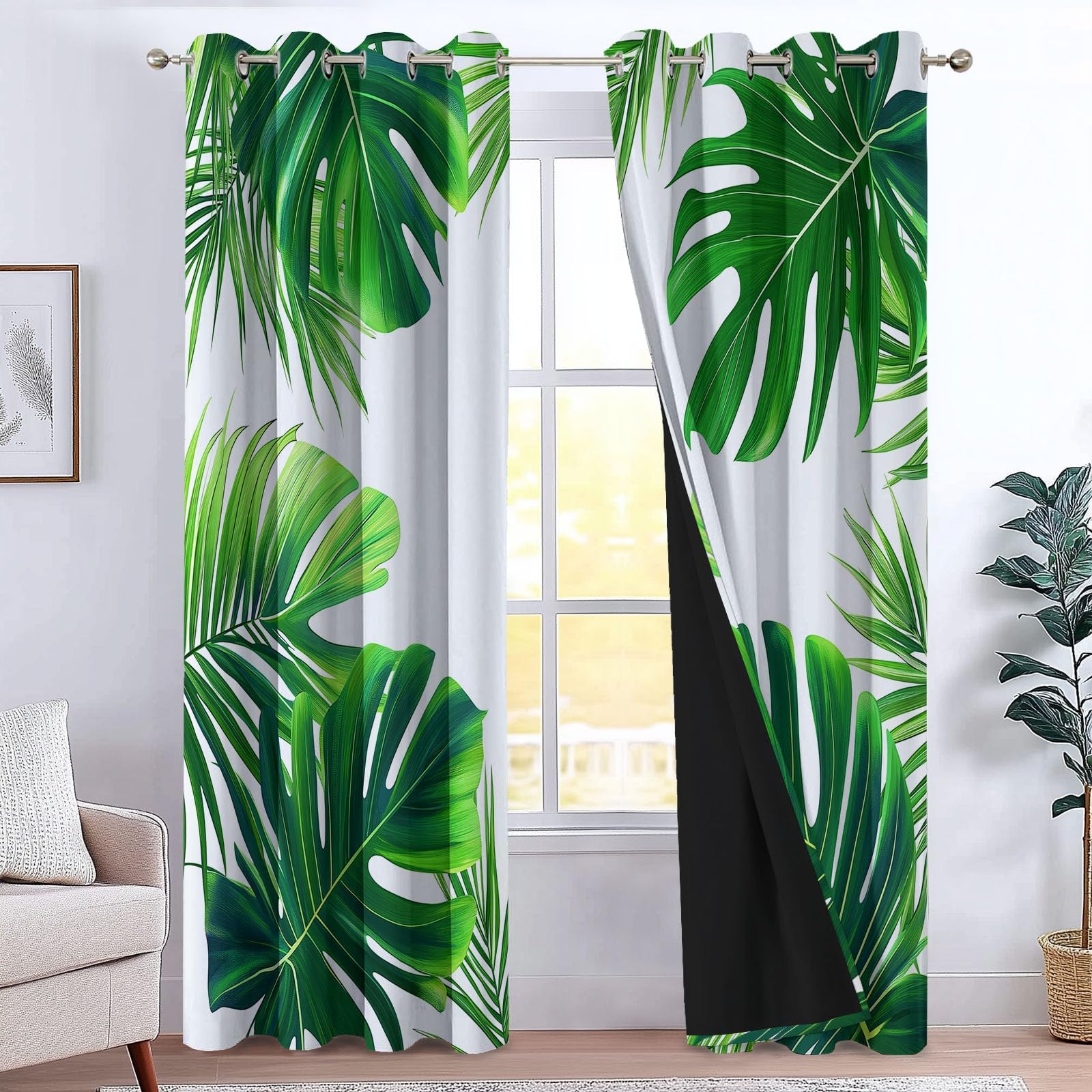 Tende Oscuranti per Interni Foglie Di Palma Verdi, 117x138 cm (LxA) 2 Pezzi Termica Isolante Poliestere Bianco Tenda della Finestra per Soggiorno Camera da Letto Cucina Cameretta Bambina