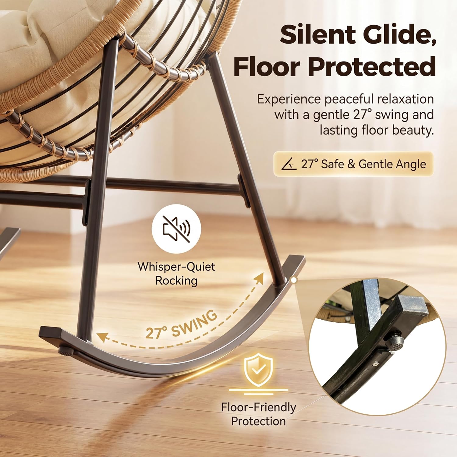 NICESOUL Papasan Rocking Chair with Cushion Indoor Outdoor, Oversized Padded Egg Rocking Chair, All-Weather Wicker Rattan Lounge Rocker, 450 lbs Capacity Glider for Living Room Balcony Porch, Beige