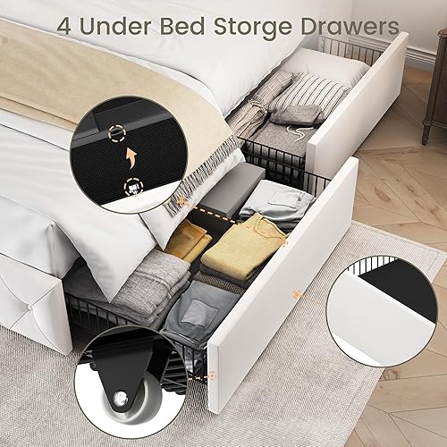 Miniatura 74 de LARMACE - Marco de cama tamaño King con 4 cajones de almacenamiento y cabecera tapizada con botones, cama de plataforma tapizada en lino con