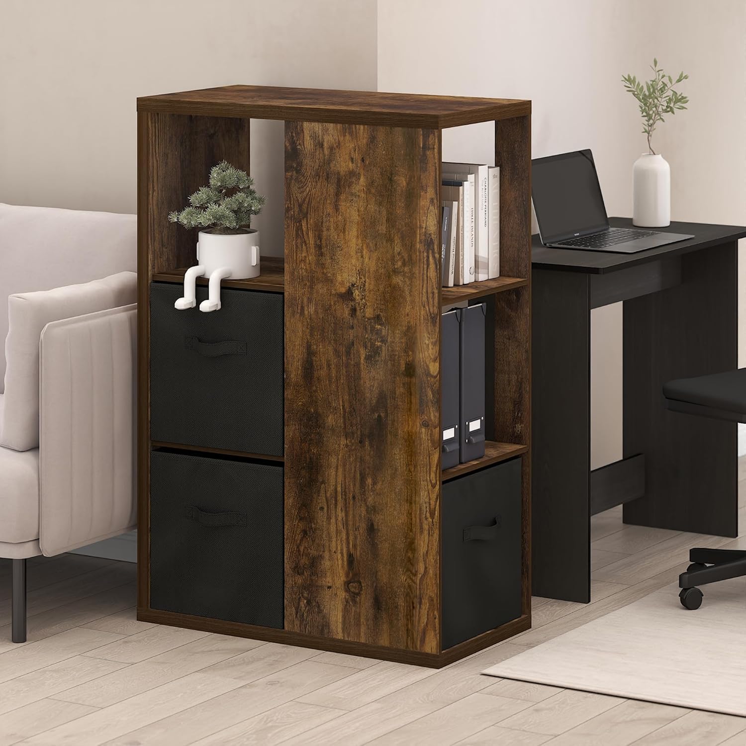 Furinno Viola Book Shelf, 3-Tier Bookshelf, Cube Storage Organizer Bookcase with Open Shelf, with Storage Bins, 13.6 x 29.3 x 43.8, for Living Room, Bedroom, Home Office, Amber Pine/Black