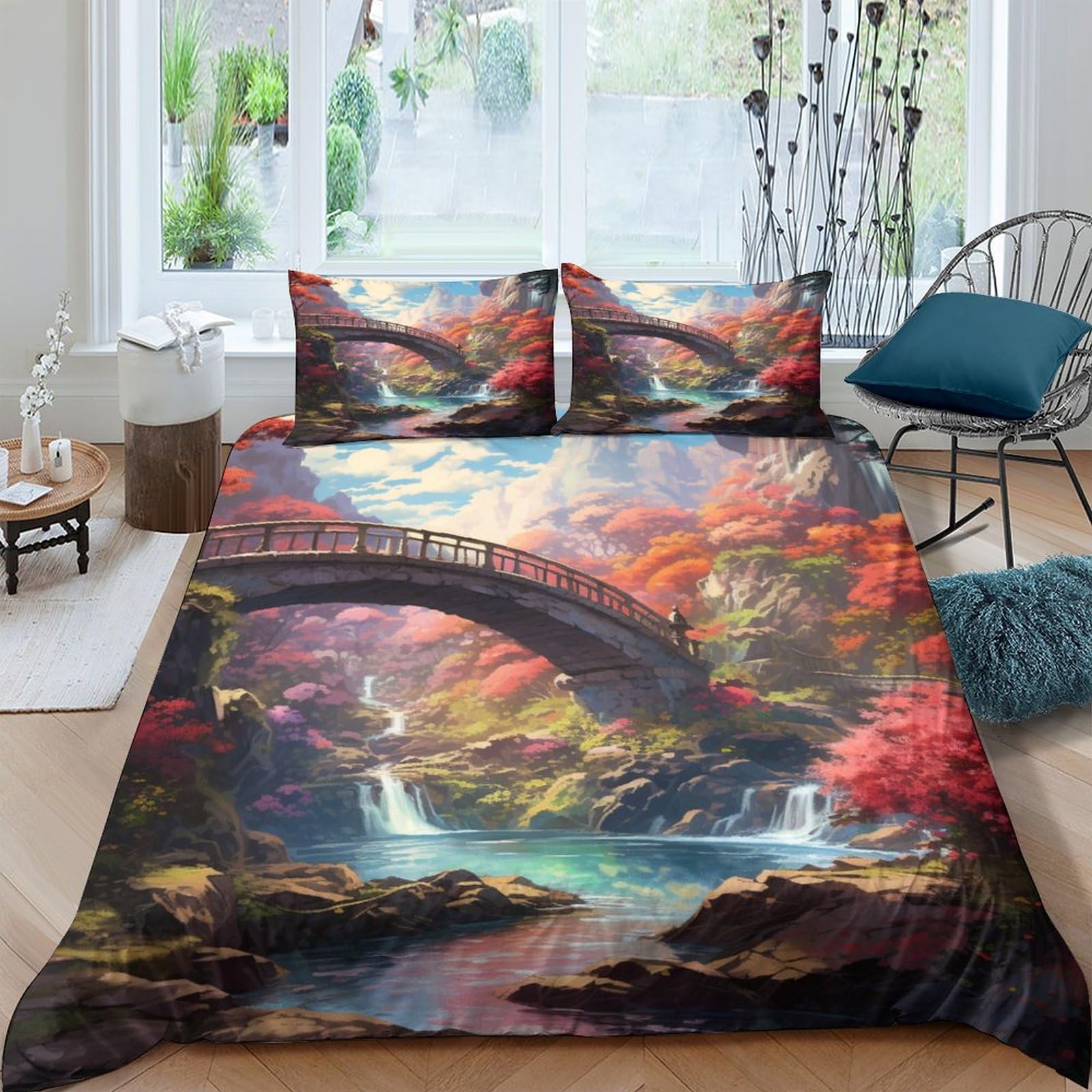 Housses de couettes paysage parure lit double microfibre anti-décoloration