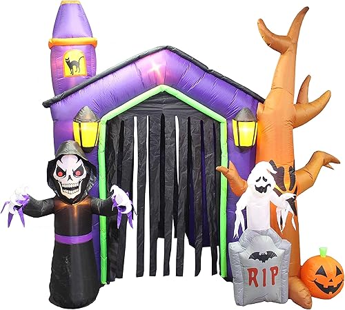Paquete de dos decoraciones de fiesta de Halloween incluye castillo inflable de casa embrujada de 8.5 pies de alto con calaveras de fantasma y