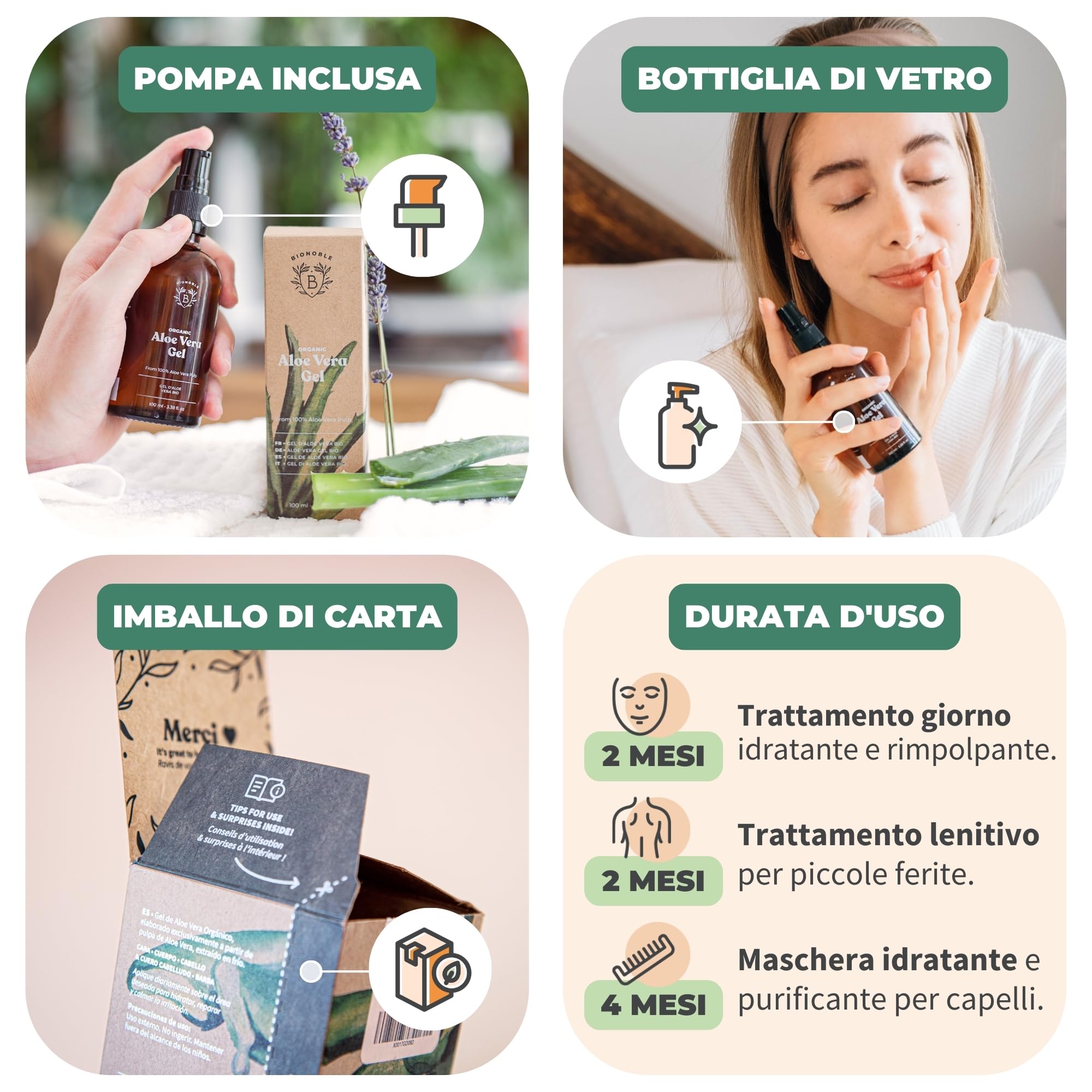 BIONOBLE Gel Aloe Vera Puro Biologico 97% con Olio Essenziale di Lavanda - Idrata e Lenisce - Aloe Vera Gel Puro per Capelli, Crema Pura Viso, Acne, Corpo, Doposole - Bottiglia di Vetro, Pompa - 100ml