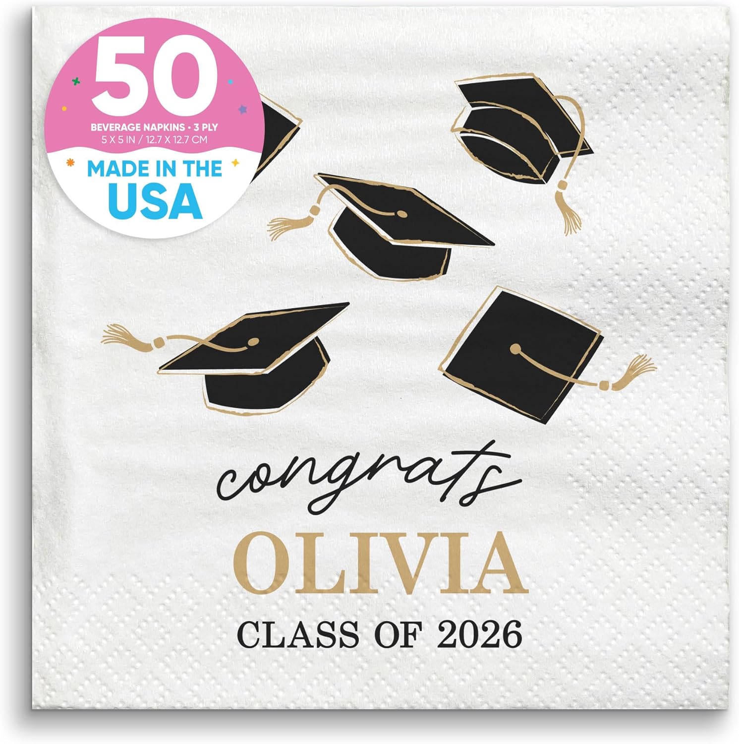 Big Dot of Happiness Personalized Tassel Gold Graduation Party Napkins, Vibrant Color Printing on White 3-Ply Paper, Custom Class of 2026 Beverage Napkins - 50 Count