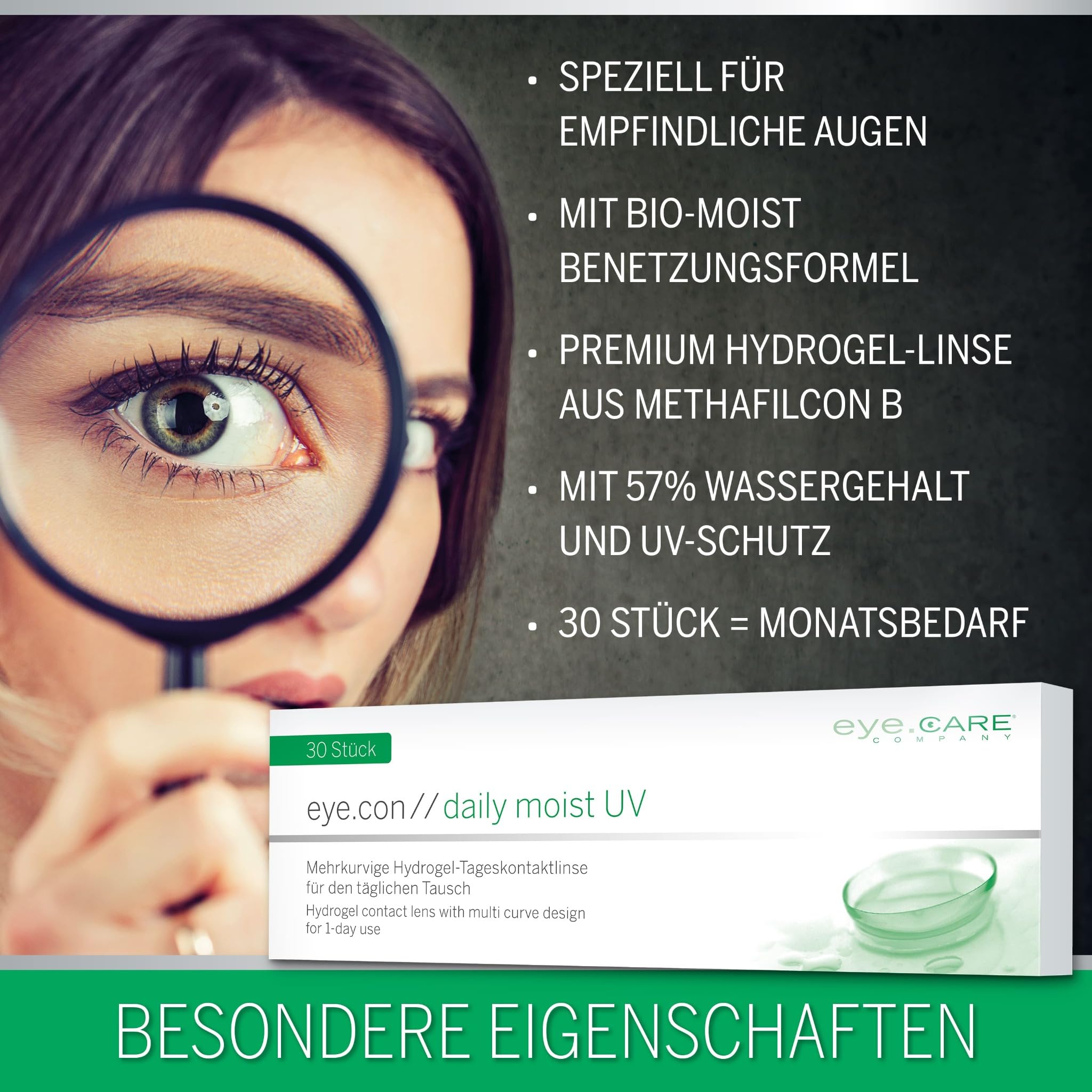 Eye.Con Daily Moist UV weiche Tageslinsen aus Hydrogel – 30 dailies Contact Lenses mit hoher Wasserbindung für empfindliche Augen. Mehrkurvige Kontaktlinsen. BC 8.6mm, DIA 14.3mm, -2.75 Dioptrien.