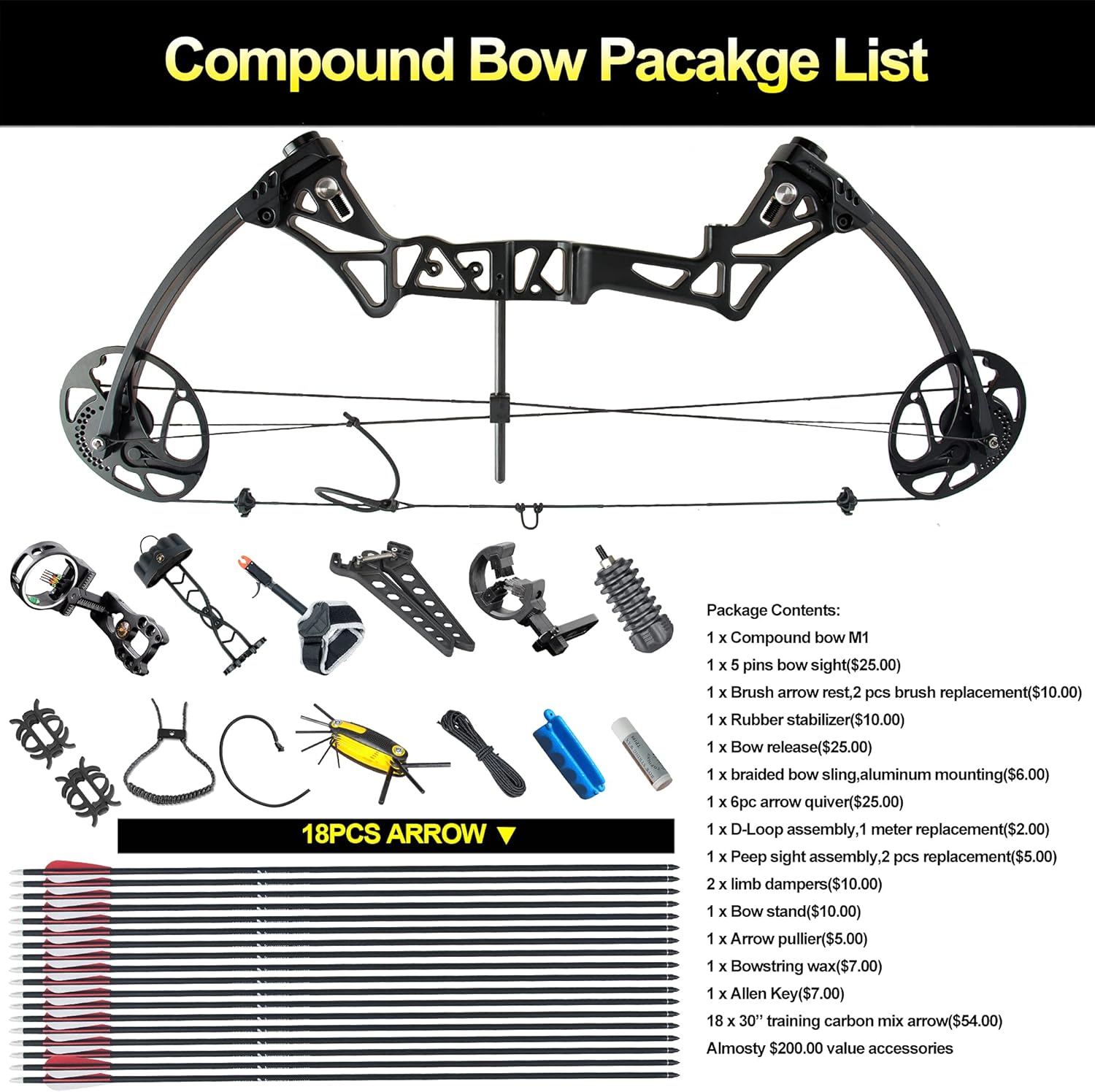 DJH Archery Compound Bow Package for Adults and Teens, 19”-30” Draw Length,19-70Lbs Draw Weight,320fps IBO,Gordon Composites Limbs,Limbs Made in USA (Black) : Sports & Outdoors