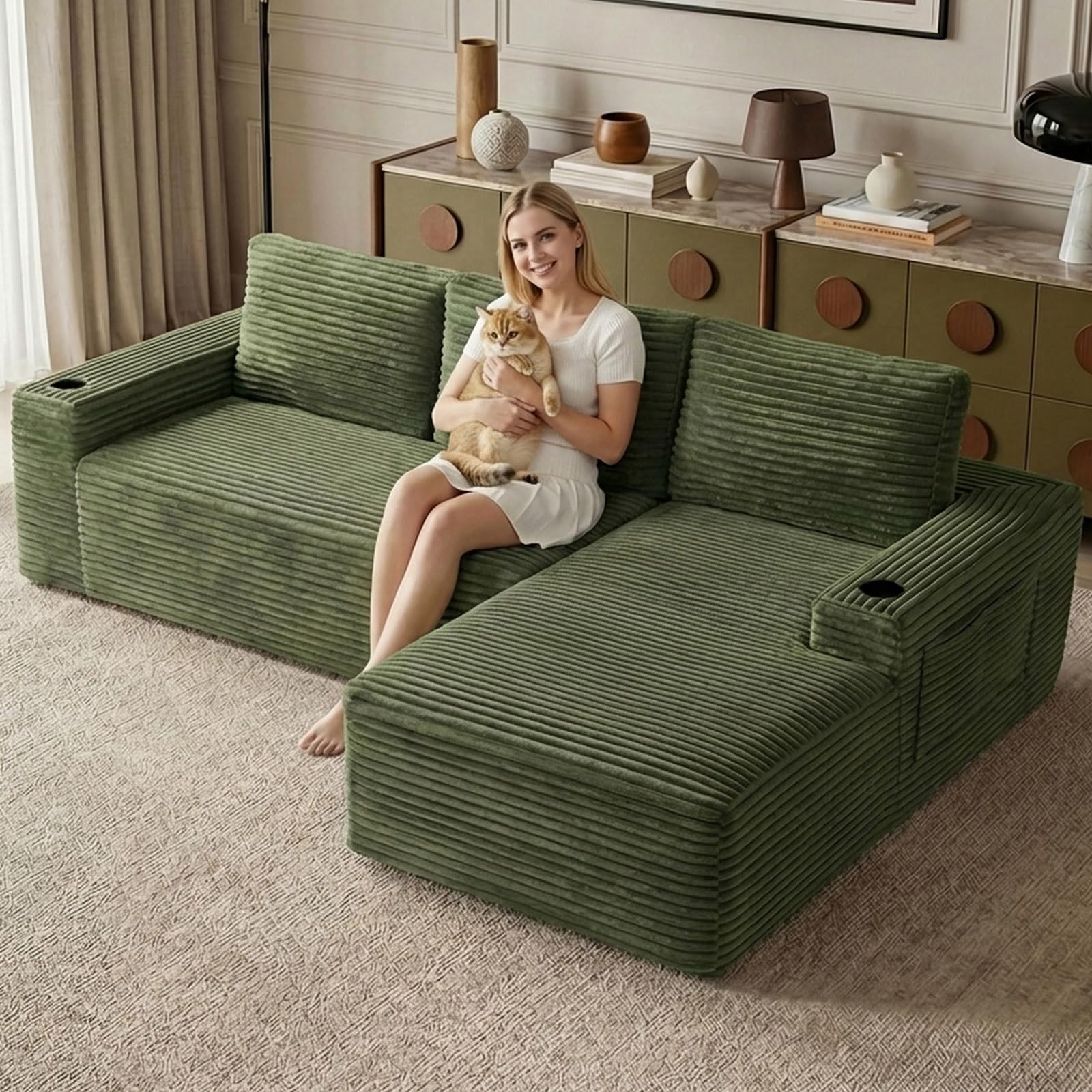 104.3" Modular Sectional Sofa,Modern Corduroy Cloud Couch with Cup Holder &amp; Side Pockets,Boneless Couch Upholstered 4-Seater L-Shaped Sofa for Living Room,No Assembly (Green, Right-Facing Chaise)