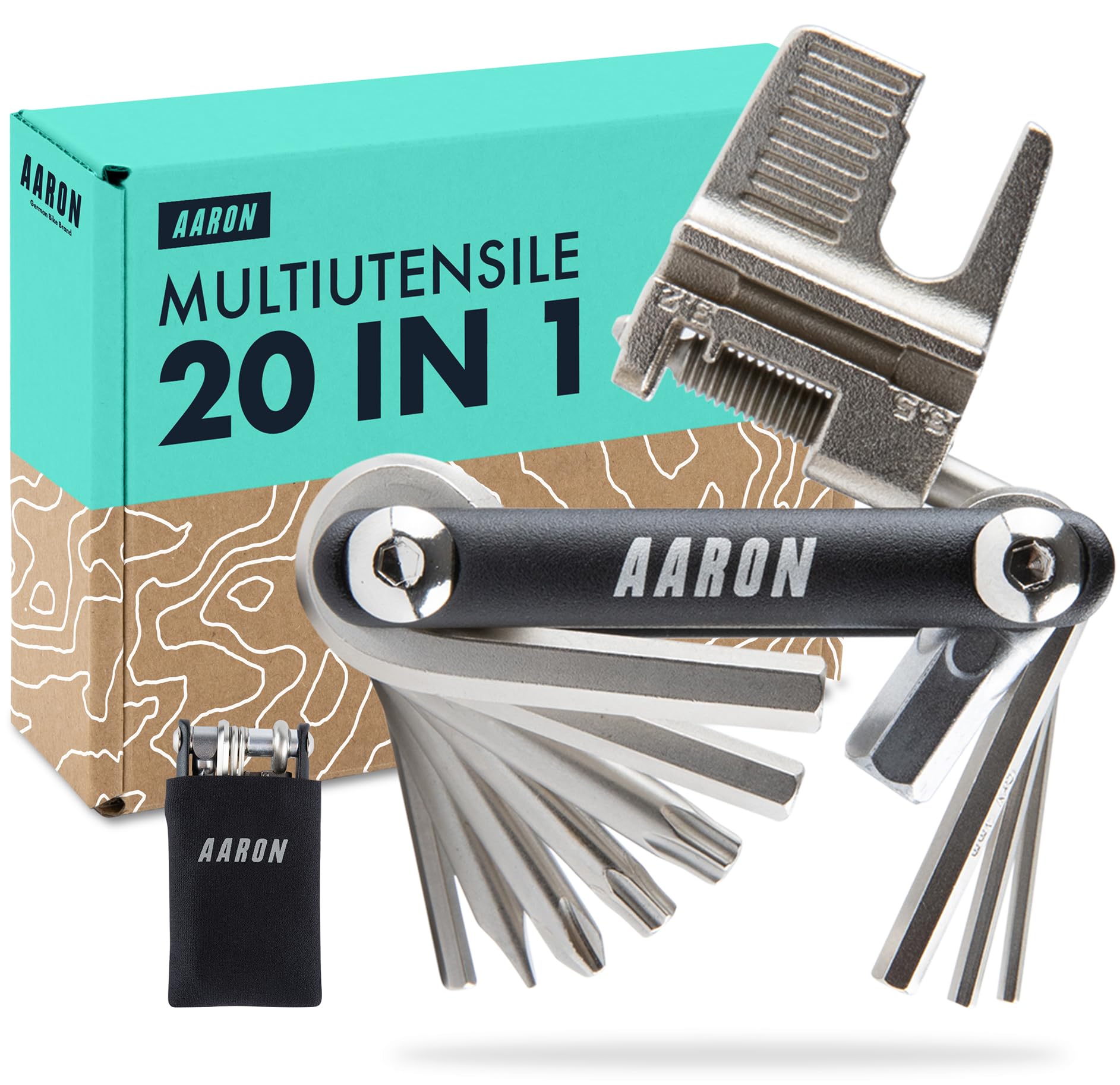 AARON Attrezzo multifunzione 20 in 1 – Attrezzo multifunzione per bicicletta in acciaio inox / alluminio – Mini attrezzo pieghevole per bicicletta con molte funzioni – pratico strumento per bici in