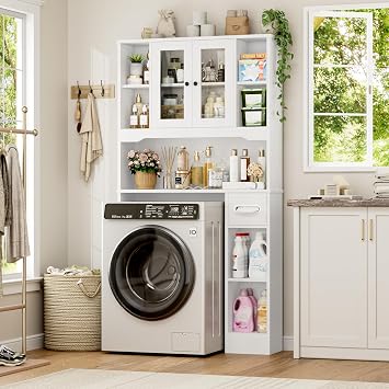 FOREHILL Tall Bathroom Cabinet Over Toilet Storage Unit with Tissue Box | Washing Machine Cabinet with Adjustable Shelf, Soft-close Hinges, 2 Doors, 7 Open Compartments 89 x 20 x 173cm White