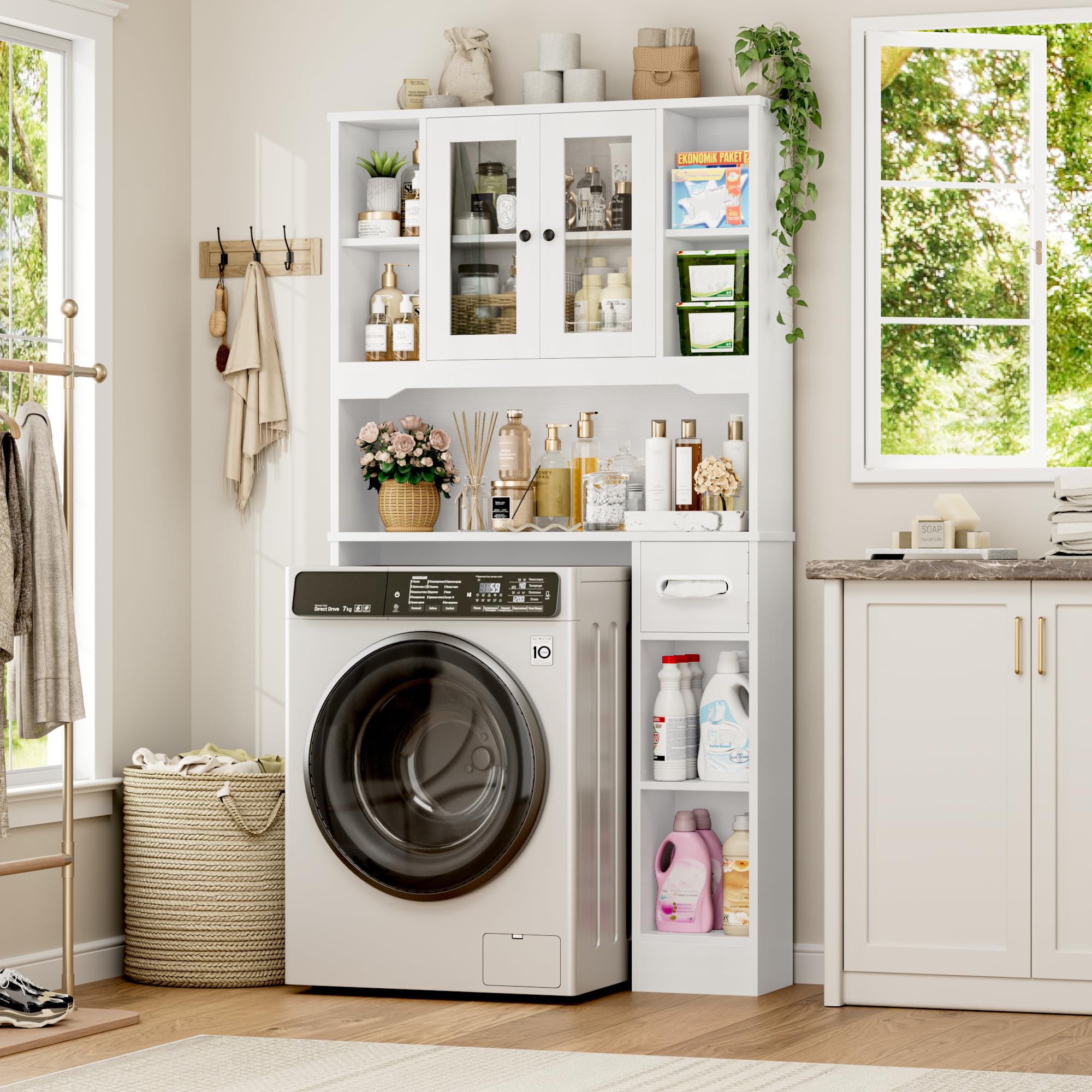 FOREHILL Mobile Lavatrice con 2 Ante, Mobile Sopra WC a 7 Scomparti Aperti e Porta Fazzoletti, Scaffale Sopra Lavatrice a Ripiani Regolabili, Mobiletto Asciugatrice, 89x20x173cm (Bianco)