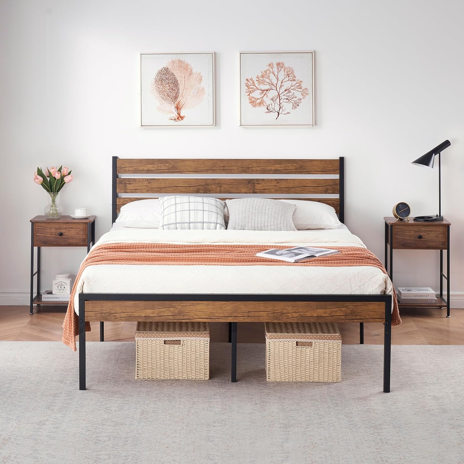 Alkmaar 12 Inch Twin Size Bed Frame Platform with Headboard and Footboard No Box Spring Needed Metal-Wood Platform Bedframe, Easy Assembly Brown