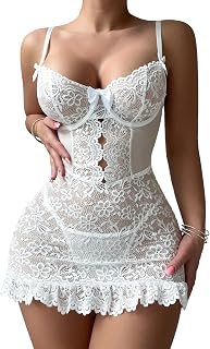 Sexy Mini Bows Ruffle Cutout Floral Lace Sheer Babydoll Lingerie Dress with Thong 2 Piece
