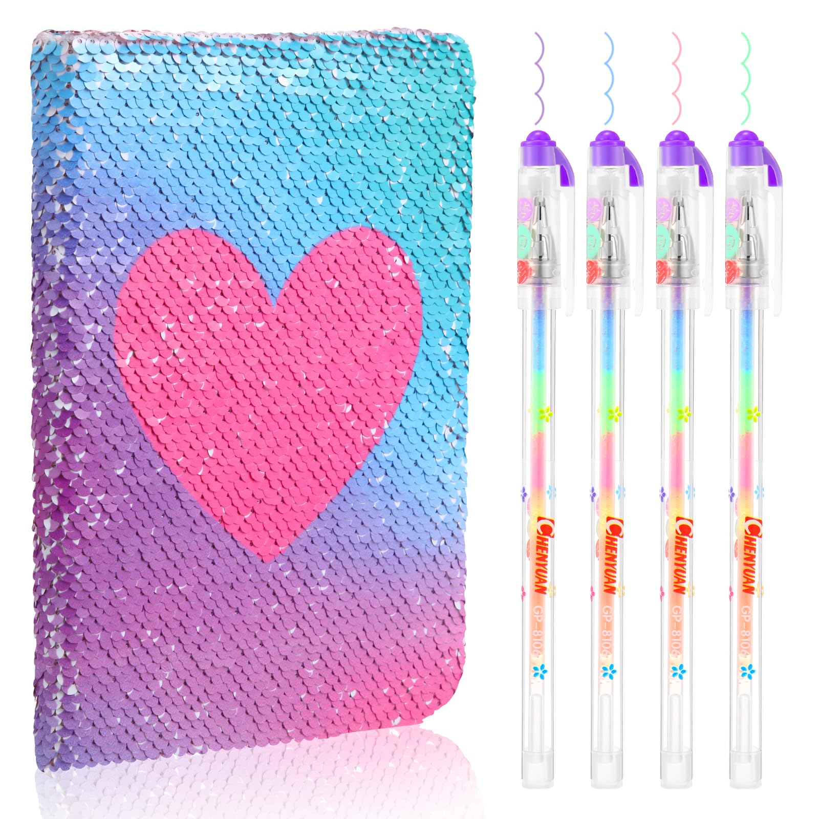 Outus 4 Pcs Sequin Notebook Christmas Journal Gift, Gradient Pink, Heart