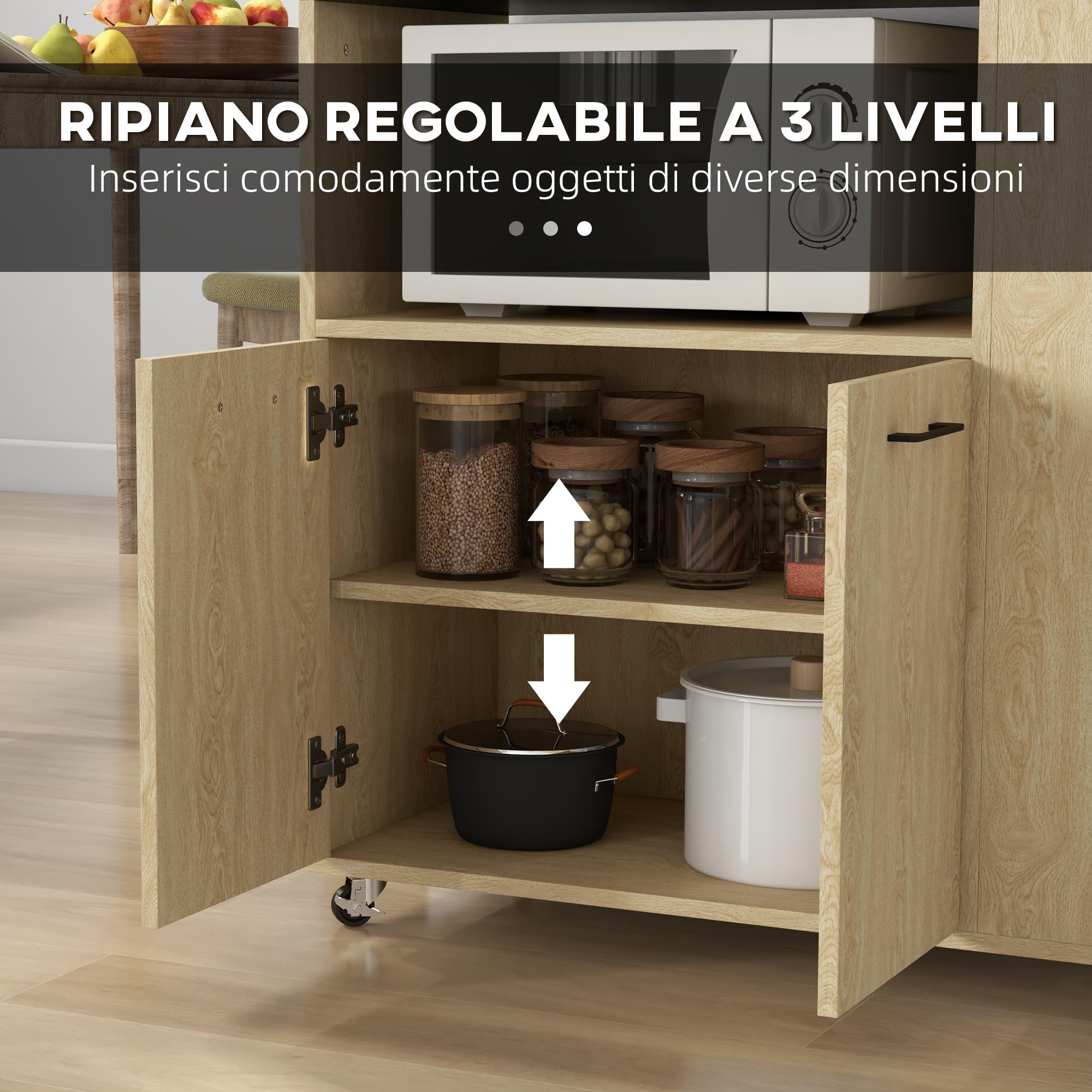 HOMCOM Carrello Cucina con Ripiano Aperto, Armadietto a 2 Ante e Scaffale Laterale a 2 Livelli, Carrello Multiuso con Ripiano Regolabile in Legno, 75x40x80.5 cm, Color Rovere e Nero