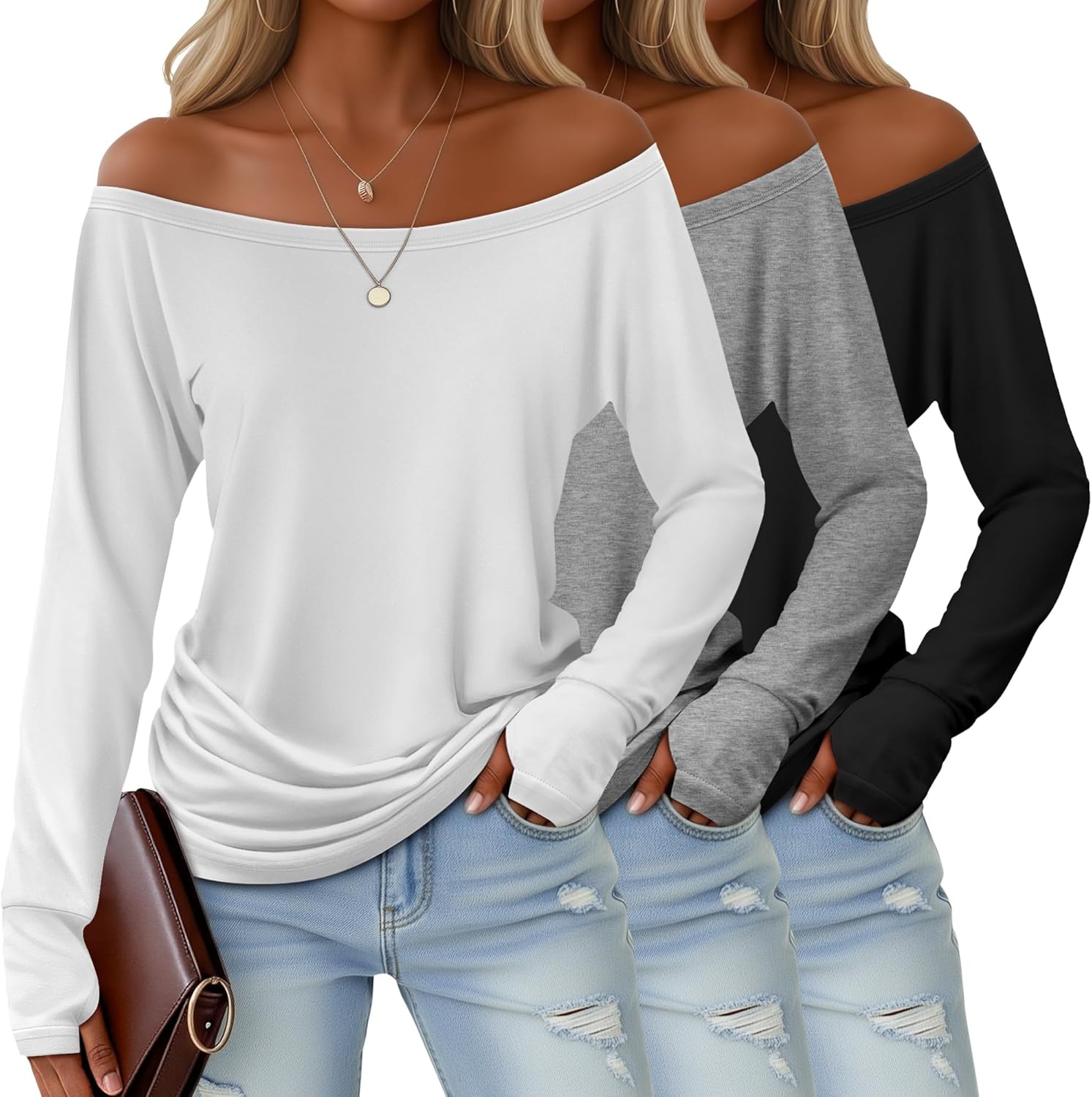 Huukeay 3 Pack Off The Shoulder Boat Neck Tops for Women, Long Sleeve Thumbhole Side Ruched Shirts Loose Causal Tunic Tees