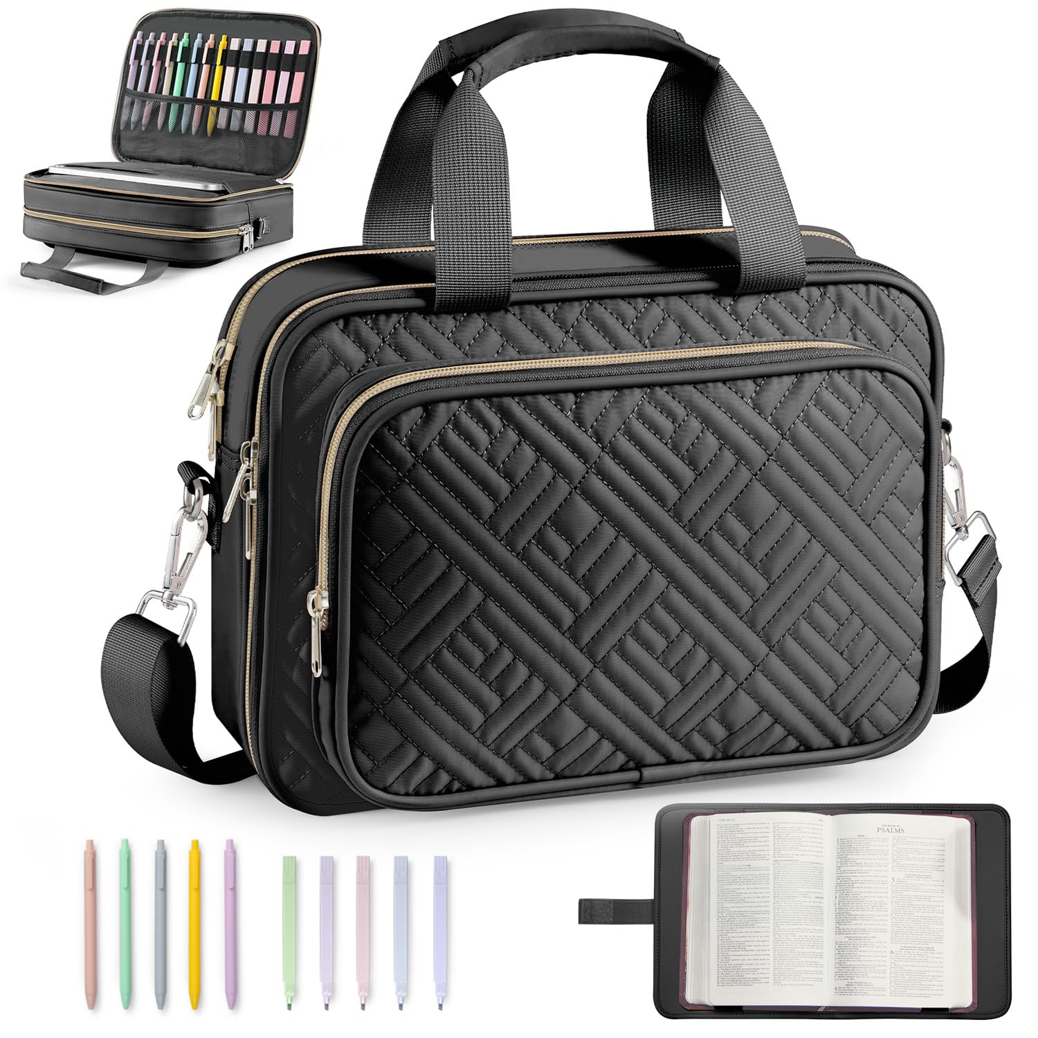 dabria Bible Cover Case for Women, Book Cover with Shoulder Strap, Bible Study Supplies with Highlighters, Journaling Carrying Kit