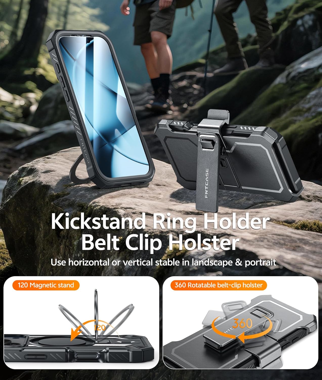 FNTCASE for iPhone 17 Pro-Max Case: with Kickstand [Built-in Screen Protector & Belt Clip] [Compatible with MagSafe] Military Grade Shockproof Rugged Hard TPU Magnetic Phone Cover Black