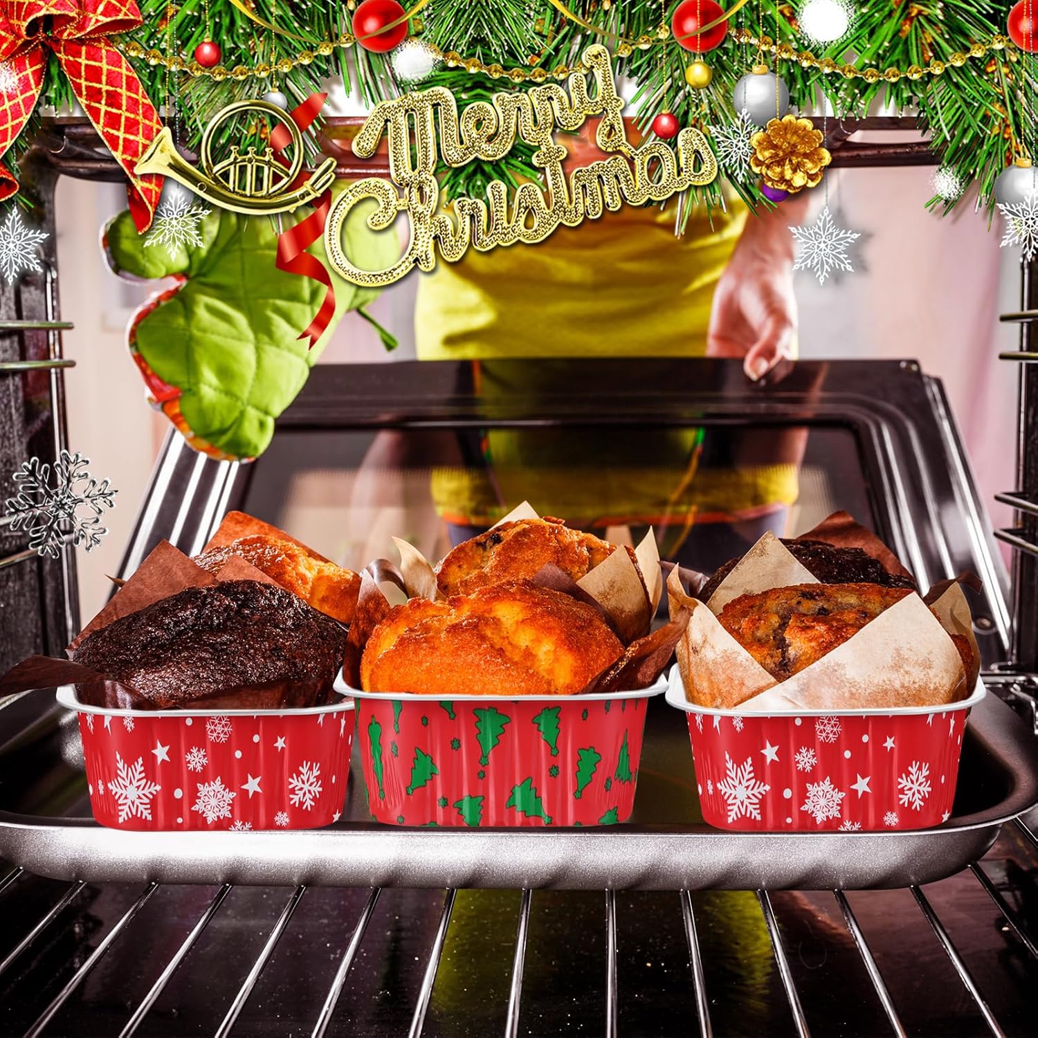 100 Pcs Christmas Aluminum Cups Foil Cupcake Container with Lids 5 oz Xmas Square Foil Pan Holder Mini Disposable Ramekins Cake for Xmas Party (Snowflake, Christmas Tree)