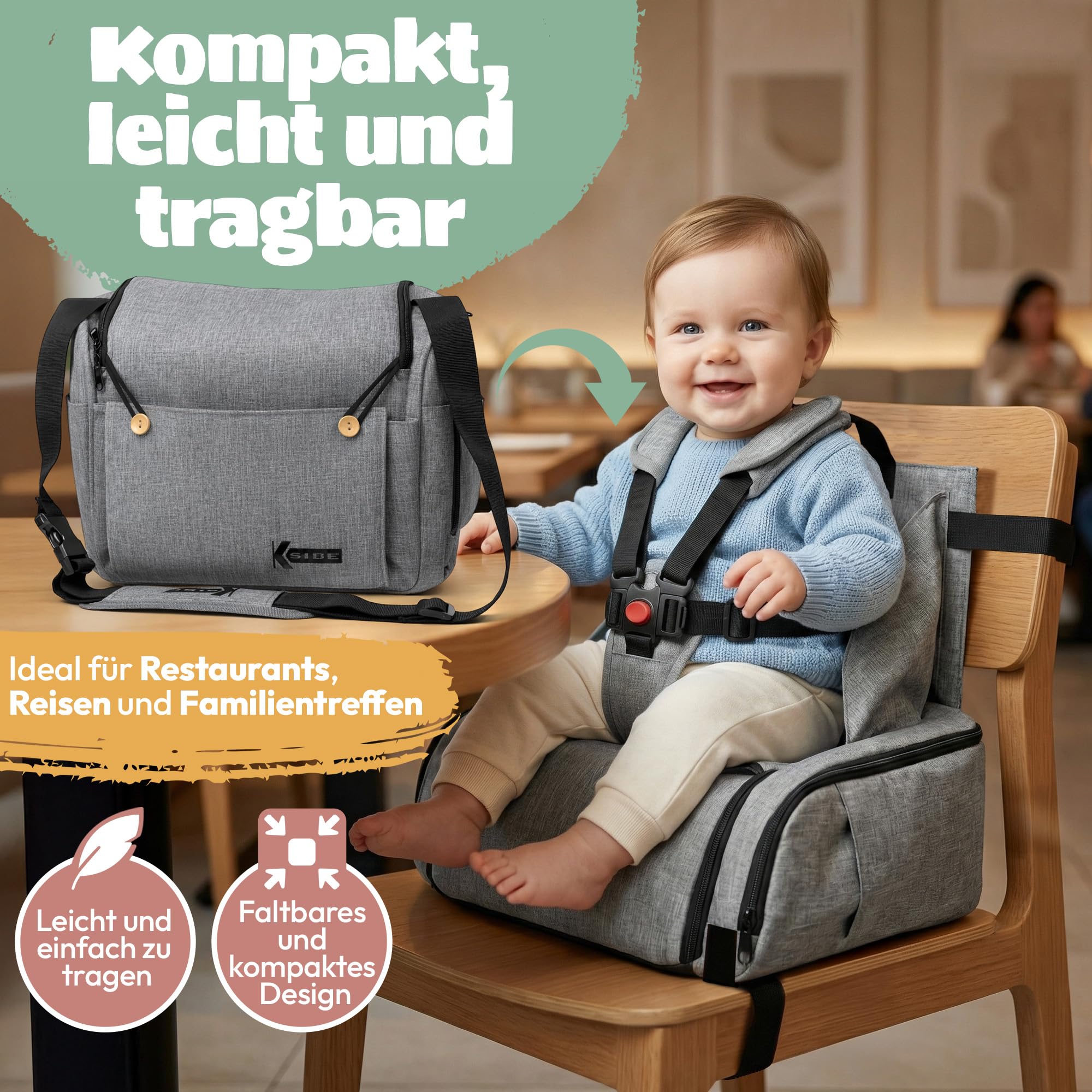 Reisehochstuhl Baby 2-in-1 – Faltbar, leicht, wasserabweisend, robustes Design, XXL-Kapazität, inkl. Tragetasche – Sicherer Sitzplatz für Mahlzeiten – KSIBE