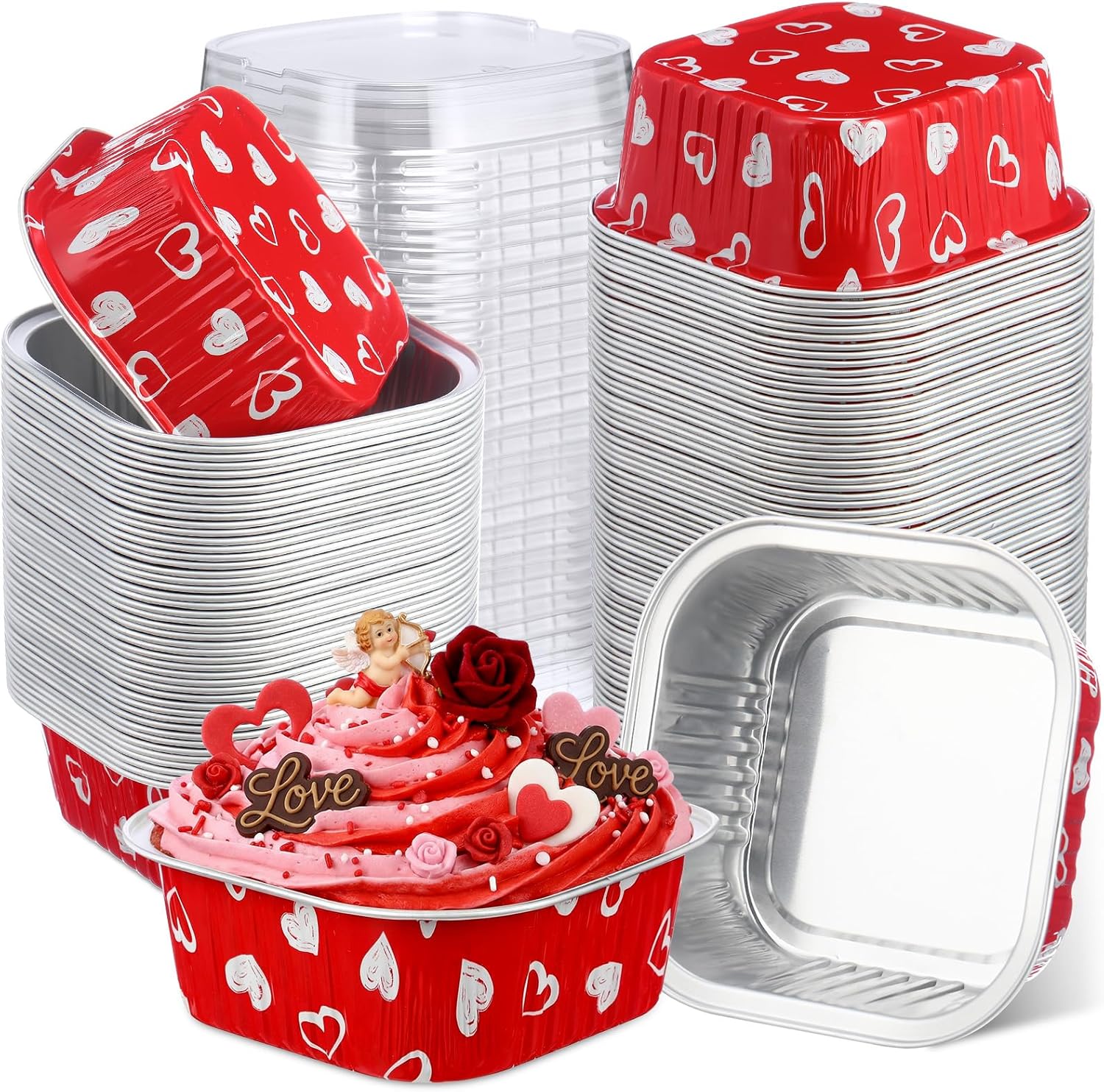 100 Pcs Mother's Day Square Baking Pans with Lids 10oz Aluminum Foil Cupcake Brownie Disposable Baking Cups Individual Tin Dessert Containers(Heart,Red)