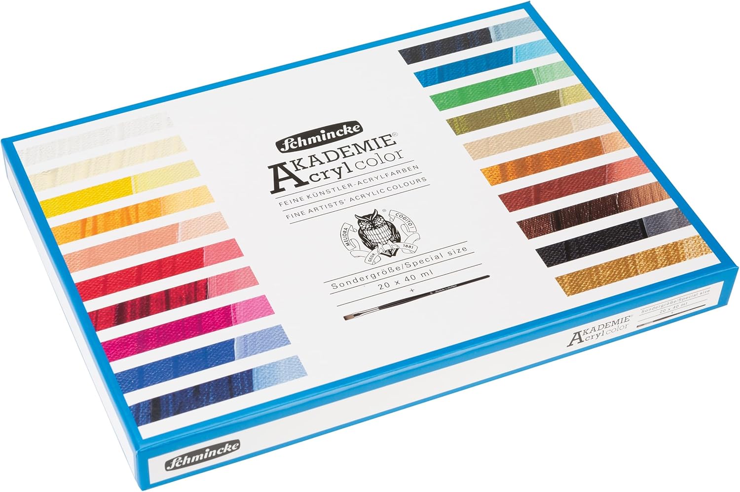 Schmincke - AKADEMIE® Acryl, 20 x 40 ml tubes, 76 777 097, 20 brilliant, highly lightfast colors in a cardboard set, 1 daVinci brush, fine artist acrylic paints, cadmium-free, ideal for mixing