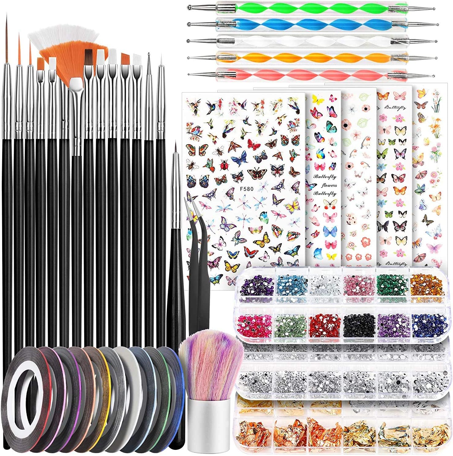 UPTO Nail Art Tool Starter Kit with 15pcs Nail Art Brushes, Nail Dotting Tool, 3D Butterfly Nail Art Stickers, Nail Foil, Nail Art Striping Tape, Nail Art Rhinestones and Pick-Up Tweezers