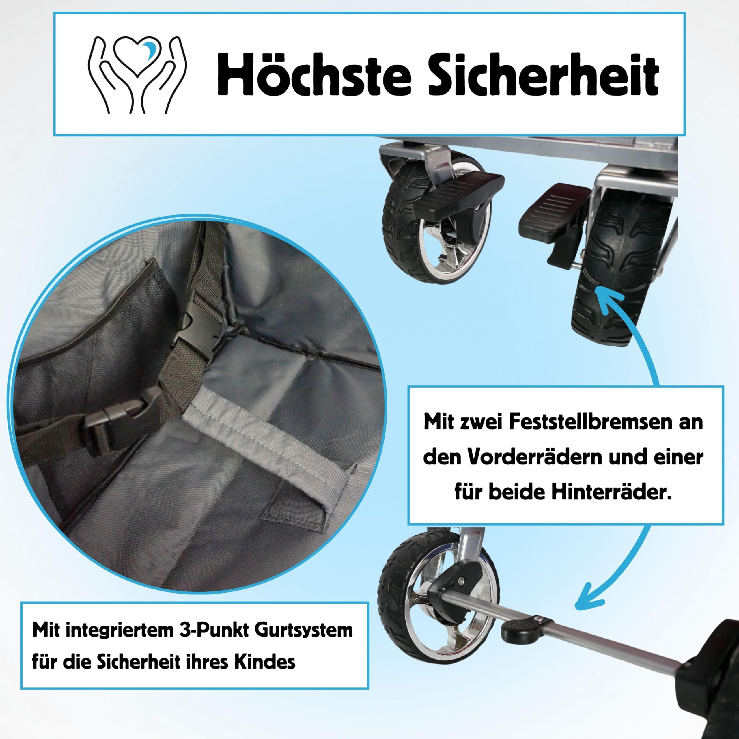 IMLEX Bollerwagen faltbar XXL mit UV Dach – Handwagen für 2 Kinder bis 80 kg – klappbar mit Schiebegriff & Zugstange – Geländereifen – ideal für Strand, Camping, Garten, Zoo & Freizeit IM-4268 Blau