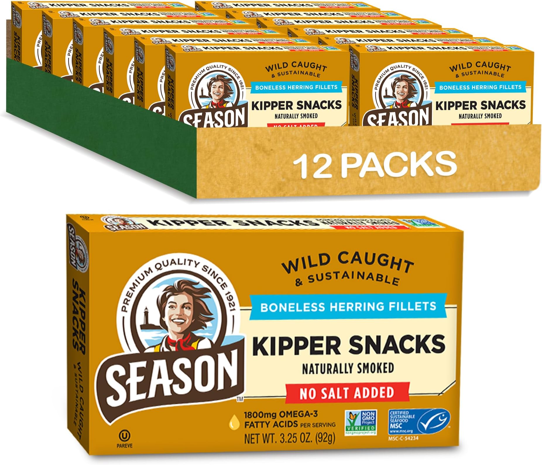 Season Kipper Snacks - Boneless Herring Fillets, No Salt Added, Naturally Smoked, Wild Caught, Keto Snacks, Certified Sustainable Seafood, Non-GMO, 18g of Protein - 3.25 Oz, 12-Pack