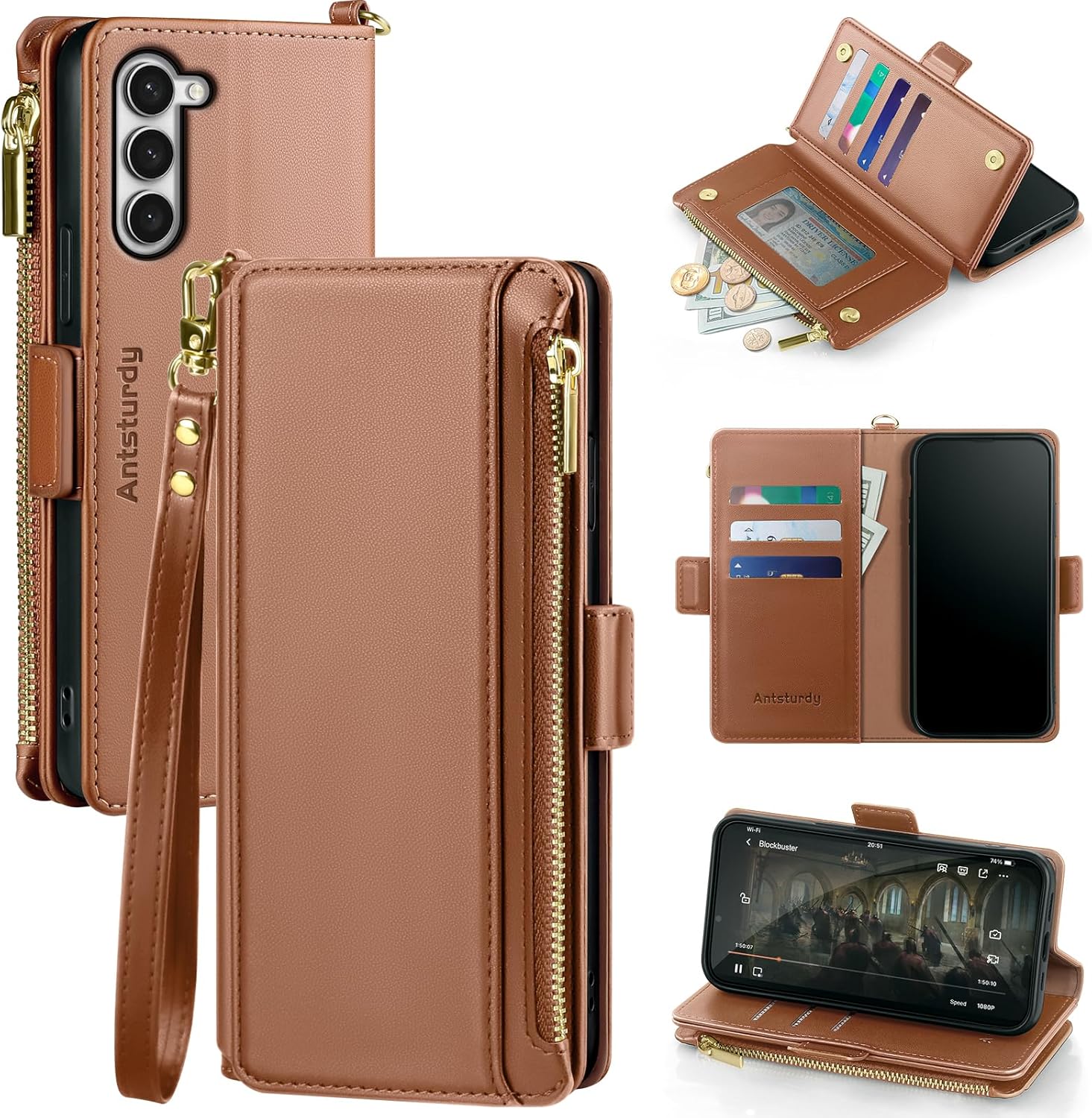Antsturdy Compatible with Samsung Galaxy S23+/S23 Plus case Wallet with Card Holder for Women Men Phone case RFID Blocking PU Leather Flip Cover with Strap Zipper Credit Card Slots,Rose Gold