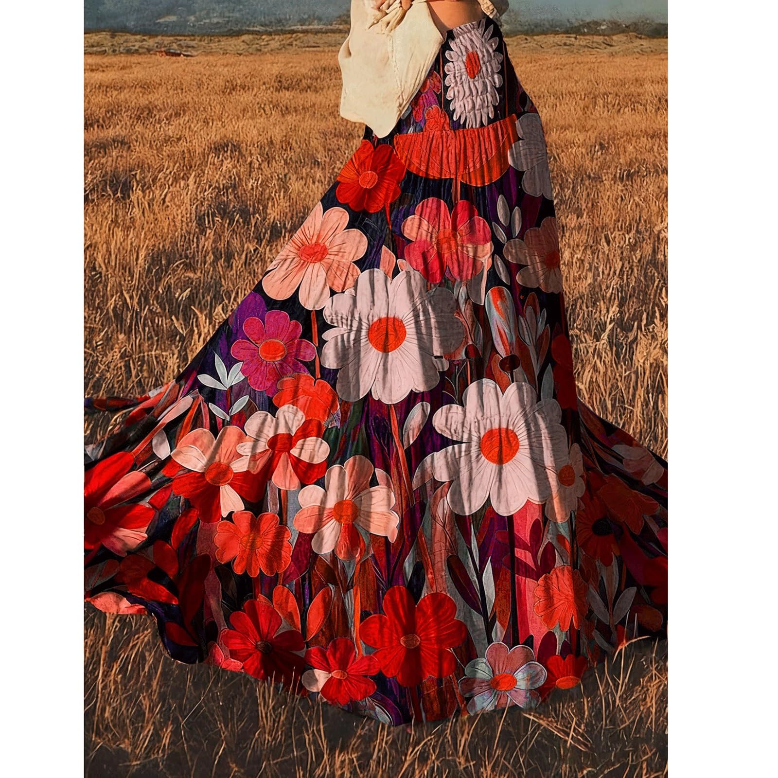 DUddTTW Women's Midi Skirt Print Elastic Waisted Swing Skirt Oil Painting Maxi Skirts Ankle Length Skirts Midi Length Large Hem Skirt(Rot,Lagre)