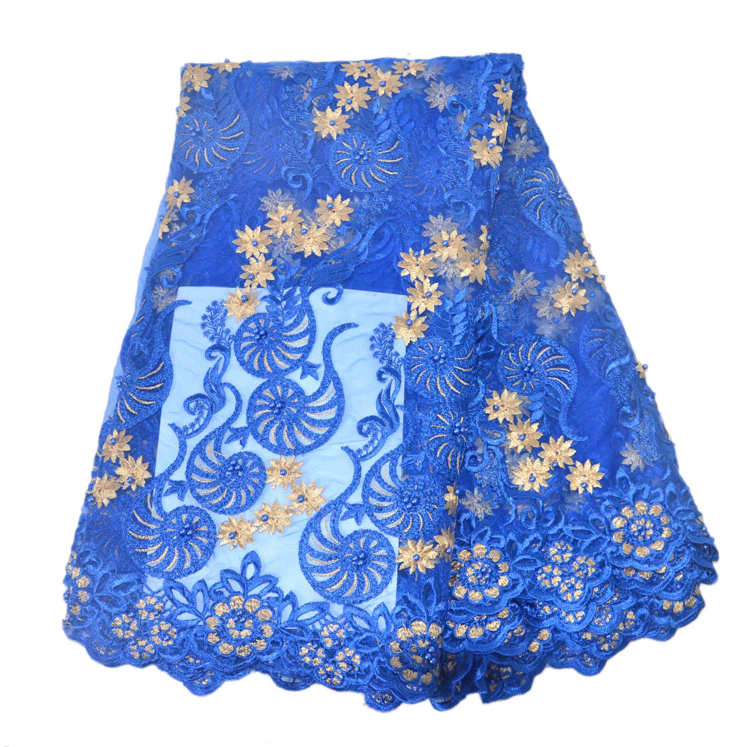 African Lace Fabrics 5 Yards Nigerian French Lace Fabric Fashion Embroidered and Beading For Wedding Party Dresses (Blue)