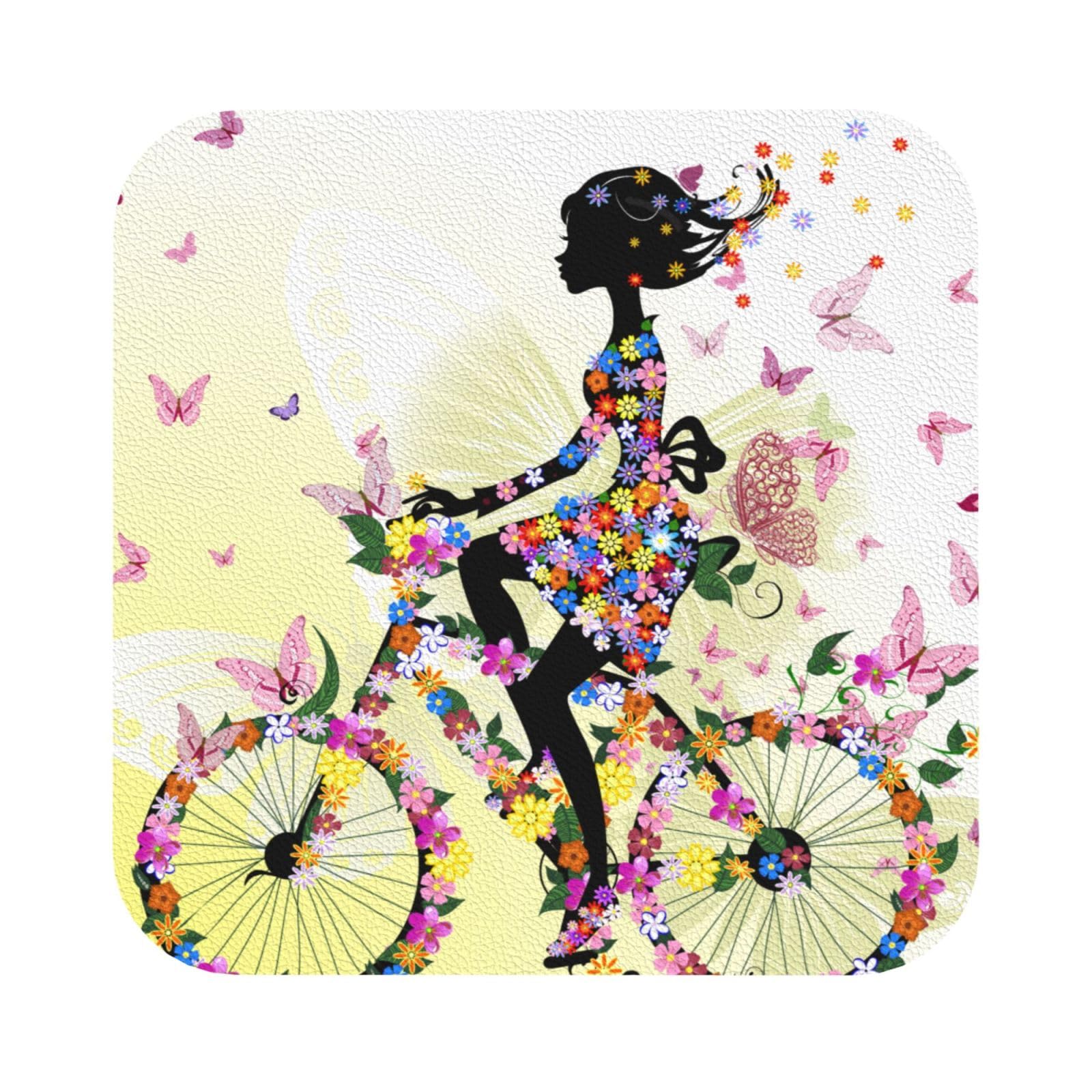 Girl Bicycle Butterfly PU Leather Coasters Set of 6 Square Drink Coasters