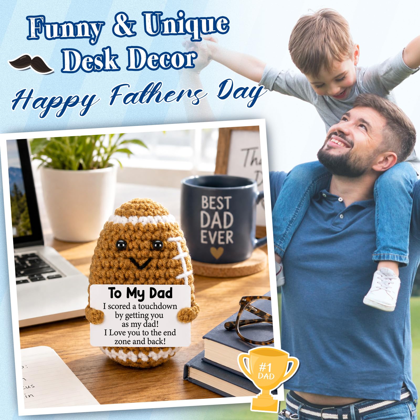 Funny Fathers Day Dad Gifts from Daughter Son Wife, Positive Handmade Crochet Father's Day Birthday Gift for Dad, Cute Small Gifts for Dads, I Love You Papa Gift Idea, Unique Football Doll for Stepdad