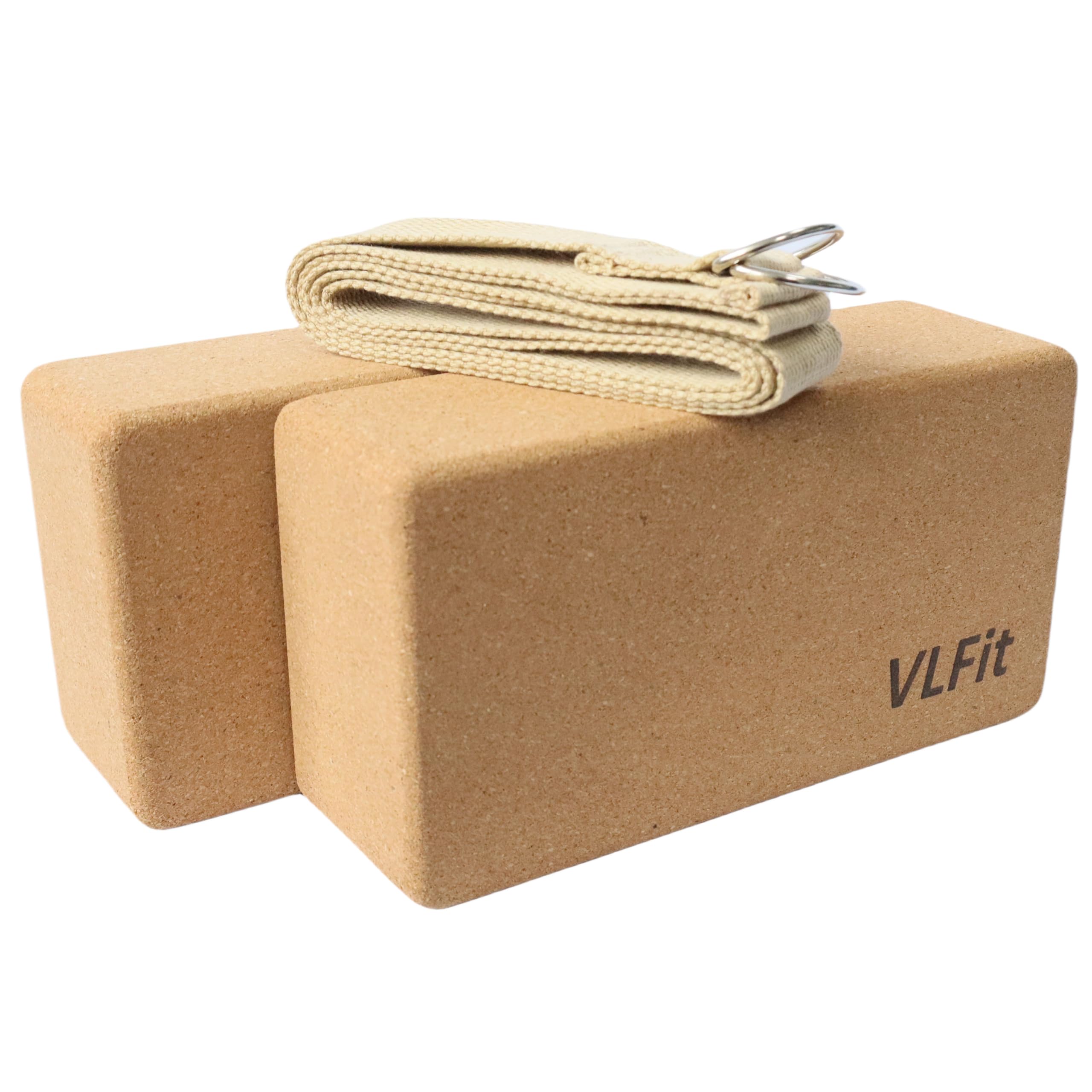 VLFit Lot de 2 blocs de yoga en liège - Avec sangle 00% coton - Respectueux de l'environnement - Fabriqué en liège naturel - Lot de 2 blocs et sangle et une sangle de yoga à boucle en D