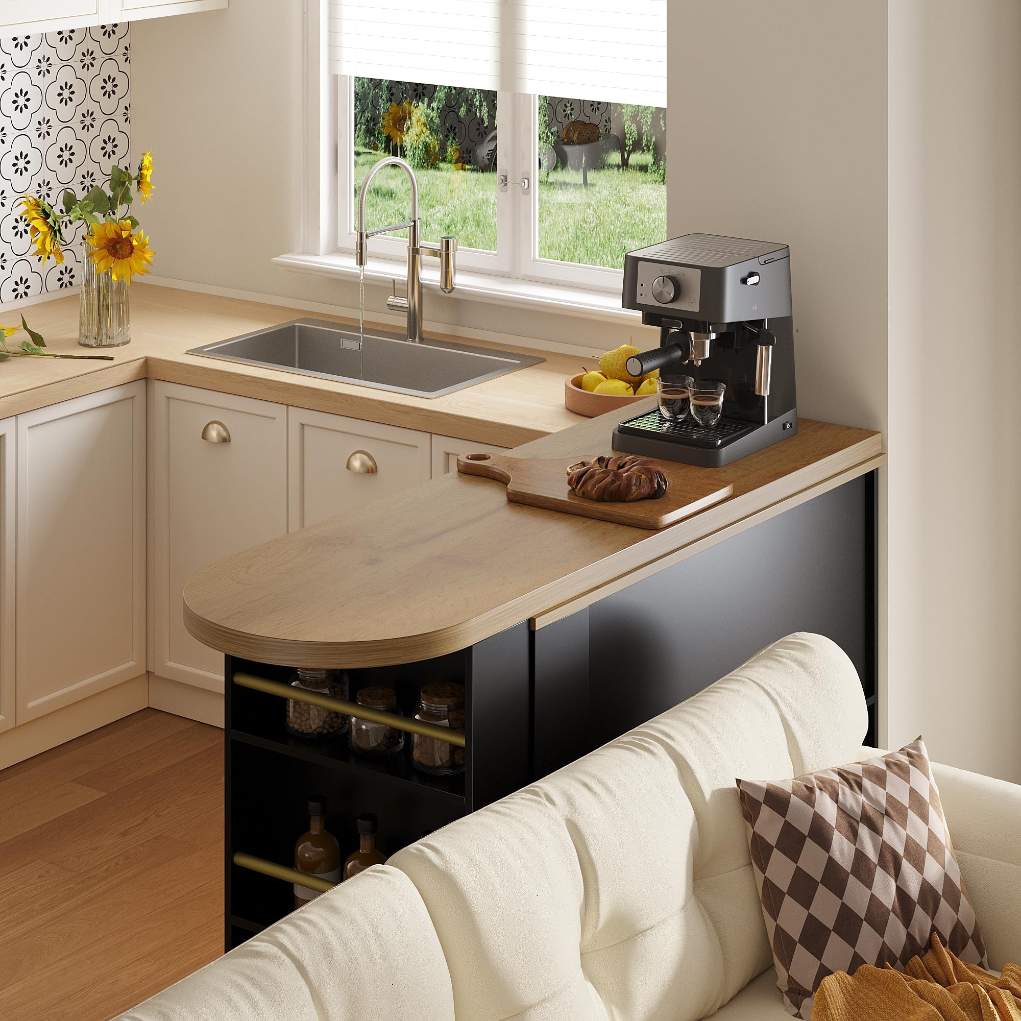 LAKFEW Mesa de Bar Extensible y Giratorio con LED y 2 Ruedas, Mesa Alta Cocina con 2 Puertas y Estante de Almacenaje, Isla Cocina con Barra, Mueble Bar Mueble Auxiliar, 135(205) x39x100 cm, Negro