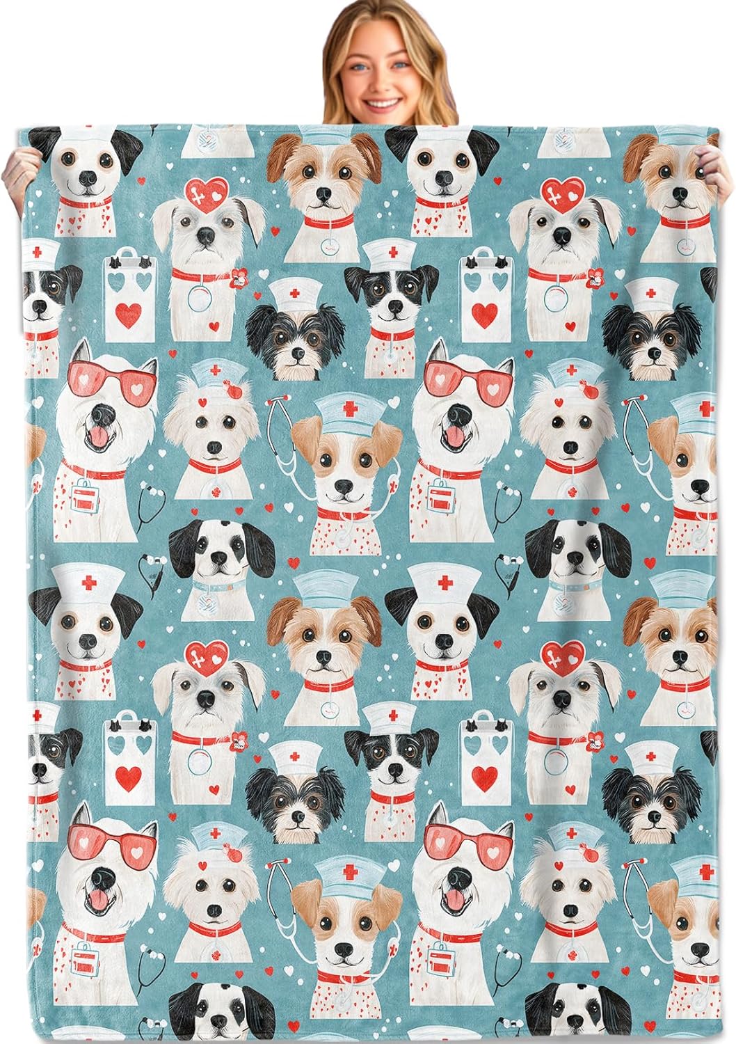 Nurse Cartoon Dog Throw Blanket,50x60in,Soft,Lightweight Flannel,Cute Puppy Blankets - Gifts for Kids Women Girls,for Couch Office Travel,Home Living Room Modern Fun Decor