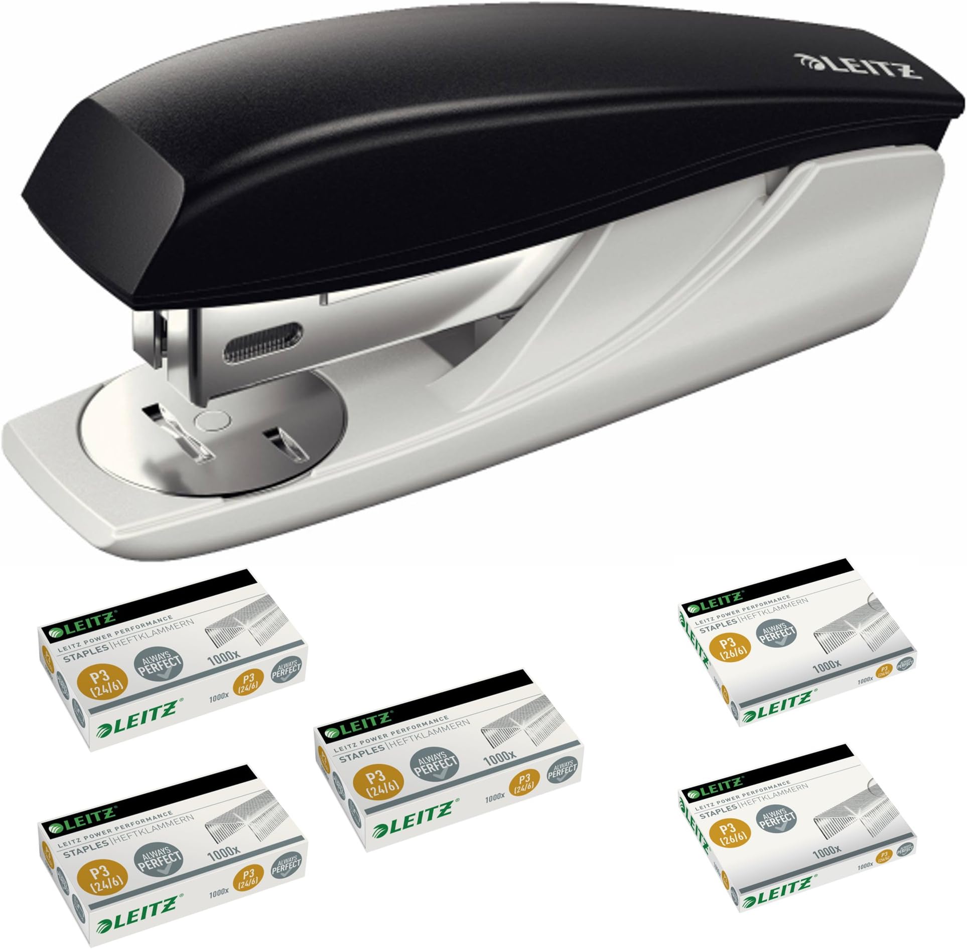 LeitzNeXXt 550100 Office Stapler Small 25-Sheet Strength Includes Klammen in 5 Pack of 1000), Black, mit Extra Heftklammern
