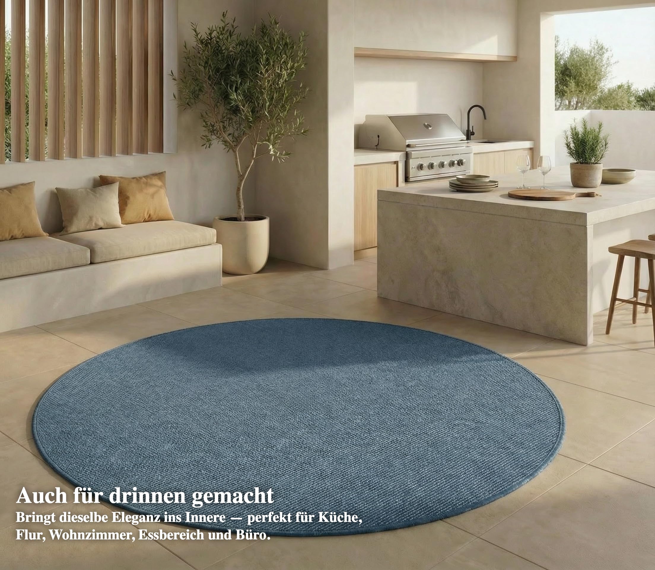 Jimri In- & Outdoor Teppich - Wetterfester Teppich für Balkon, Terrasse, Garten, Wohnzimmer, Küche - Strapazierfähiger Bodenteppich, Widersteht UV-Strahlen & Wasser - Größe 200 cm Rund, Blau
