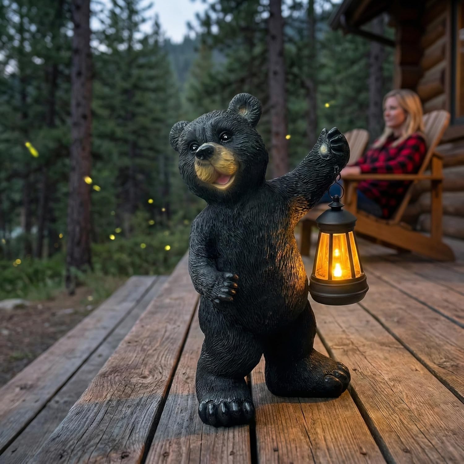 Solar Black Bear Garden Statue - 14" Resin Figurine with Solar LED Lantern, Auto On/Off Waterproof Decor, Dual Use Indoor Outdoor Light for Patio Yard Porch
