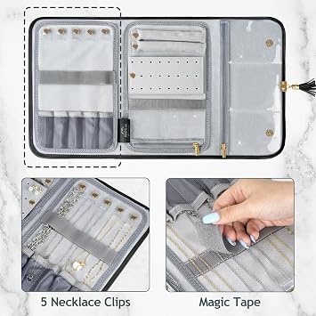 MATEIN Black Travel Jewelry Organizer, Vegan Leather Big Jewelry Rolls | Tangle-Free Necklace Holder, Clear Pockets, for Travel Daily Jewels Earrings Rings Bracelets, Elegant Gifts for Women