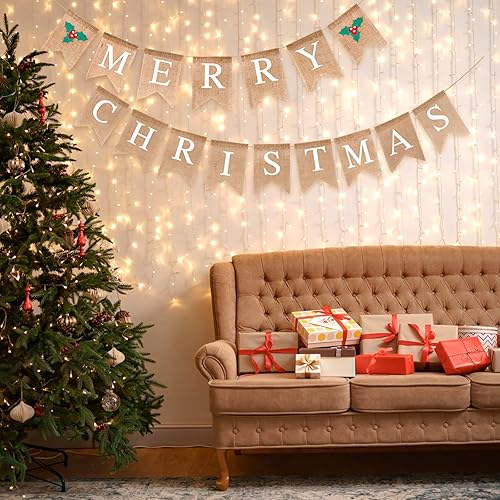 Vista 4 de GCQQ Pancarta de Feliz Navidad – Pancartas de Navidad de arpillera blanca de 11.8 pies, guirnaldas navideñas de acebo, letrero navideño vintage