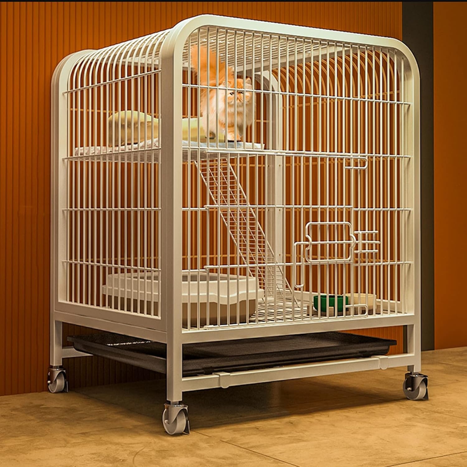 Cat Cage Metal Cat Playpen Pet Crate with Tray Small Animal Enclosure with 4 Swivel Casters Collapsible Metal Cat Kitten Ferret Kennels Large Exercise Place (White A)